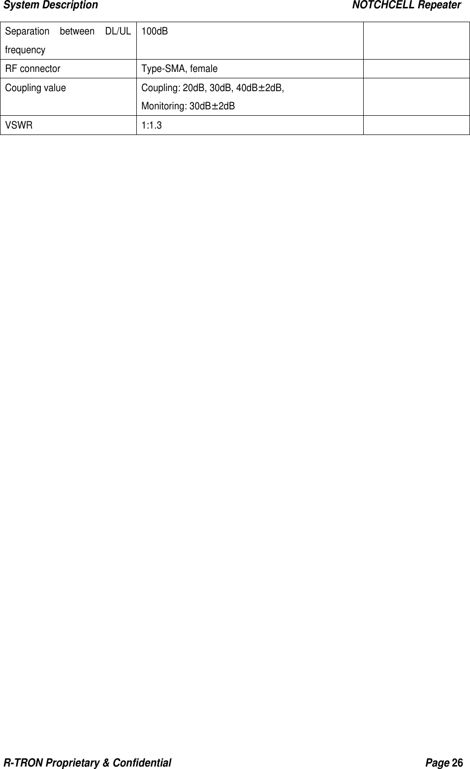System Description                                                  NOTCHCELL Repeater R-TRON Proprietary &amp; Confidential                                                  Page 26   Separation between DL/UL frequency  100dB  RF connector  Type-SMA, female   Coupling value  Coupling: 20dB, 30dB, 40dB±2dB,  Monitoring: 30dB±2dB  VSWR 1:1.3    