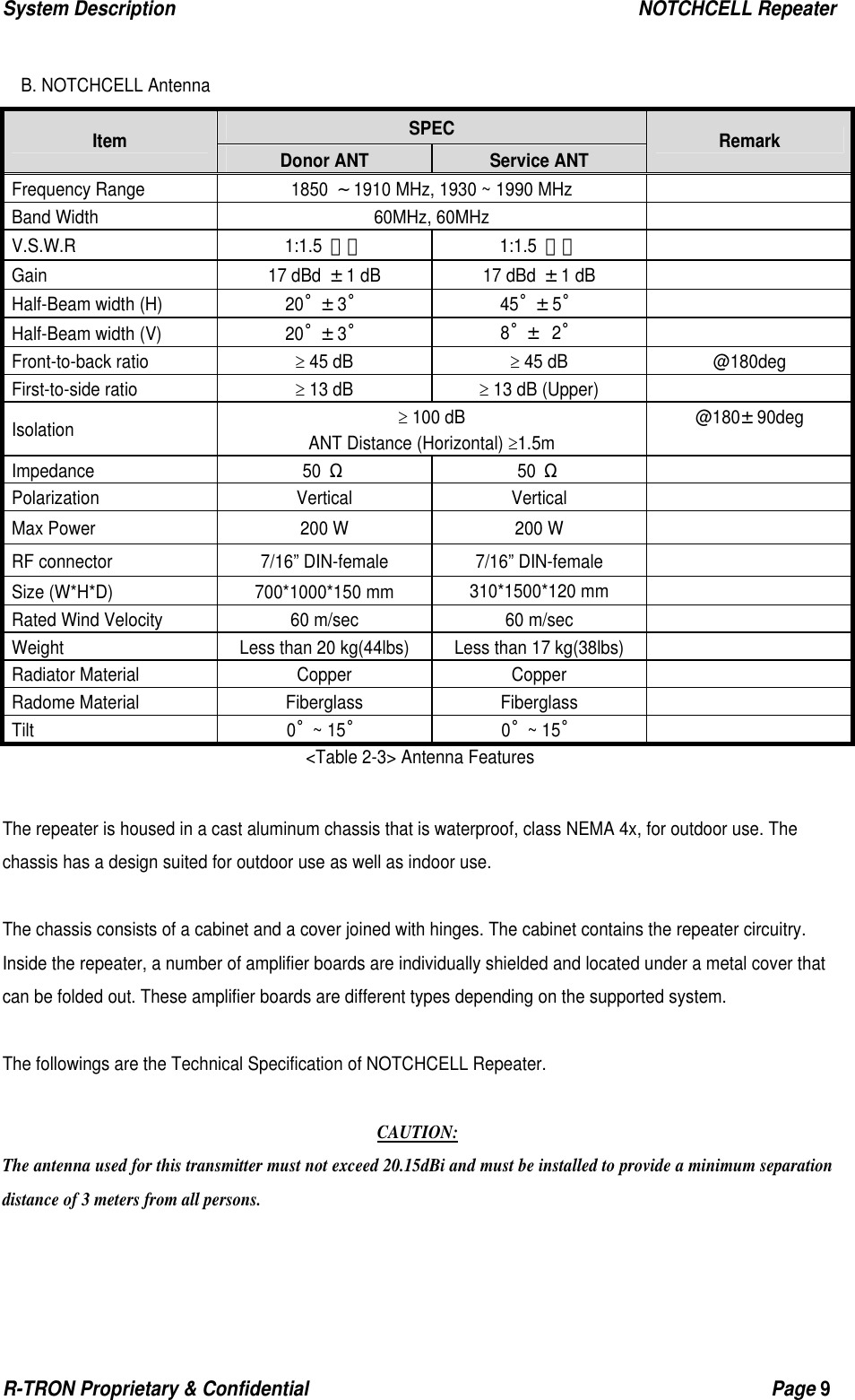 System Description                                                  NOTCHCELL Repeater R-TRON Proprietary &amp; Confidential                                                  Page 9    B. NOTCHCELL Antenna SPEC Item  Donor ANT  Service ANT  Remark Frequency Range  1850 ～1910 MHz, 1930 ~ 1990 MHz     Band Width  60MHz, 60MHz   V.S.W.R 1:1.5 이하 1:1.5 이하  Gain 17 dBd ±1 dB  17 dBd ±1 dB   Half-Beam width (H)  20˚±3˚ 45˚±5˚  Half-Beam width (V)  20˚±3˚ 8˚± 2˚  Front-to-back ratio ≥ 45 dB ≥ 45 dB  @180deg First-to-side ratio ≥ 13 dB ≥ 13 dB (Upper)   Isolation ≥ 100 dB ANT Distance (Horizontal) ≥1.5m @180±90deg  Impedance 50 Ω 50 Ω  Polarization Vertical Vertical  Max Power  200 W  200 W   RF connector  7/16” DIN-female  7/16” DIN-female   Size (W*H*D)  700*1000*150 mm  310*1500*120 mm   Rated Wind Velocity  60 m/sec  60 m/sec   Weight  Less than 20 kg(44lbs)  Less than 17 kg(38lbs)   Radiator Material  Copper  Copper   Radome Material  Fiberglass  Fiberglass   Tilt 0˚~ 15˚ 0˚~ 15˚  &lt;Table 2-3&gt; Antenna Features  The repeater is housed in a cast aluminum chassis that is waterproof, class NEMA 4x, for outdoor use. The chassis has a design suited for outdoor use as well as indoor use.  The chassis consists of a cabinet and a cover joined with hinges. The cabinet contains the repeater circuitry.   Inside the repeater, a number of amplifier boards are individually shielded and located under a metal cover that can be folded out. These amplifier boards are different types depending on the supported system.  The followings are the Technical Specification of NOTCHCELL Repeater.  CAUTION: The antenna used for this transmitter must not exceed 20.15dBi and must be installed to provide a minimum separation distance of 3 meters from all persons.  