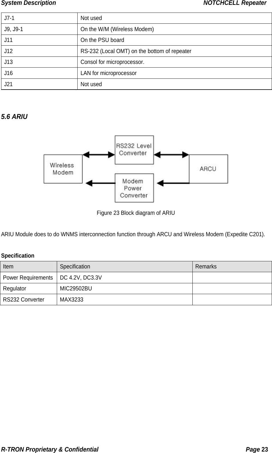 System Description                                                  NOTCHCELL Repeater J7-1 Not used J9, J9-1  On the W/M (Wireless Modem) J11  On the PSU board J12  RS-232 (Local OMT) on the bottom of repeater J13  Consol for microprocessor.   J16  LAN for microprocessor J21 Not used   5.6 ARIU   Figure 23 Block diagram of ARIU  ARIU Module does to do WNMS interconnection function through ARCU and Wireless Modem (Expedite C201).  Specification Item  Specification  Remarks Power Requirements  DC 4.2V, DC3.3V   Regulator MIC29502BU   RS232 Converter  MAX3233             R-TRON Proprietary &amp; Confidential                                                  Page 23  