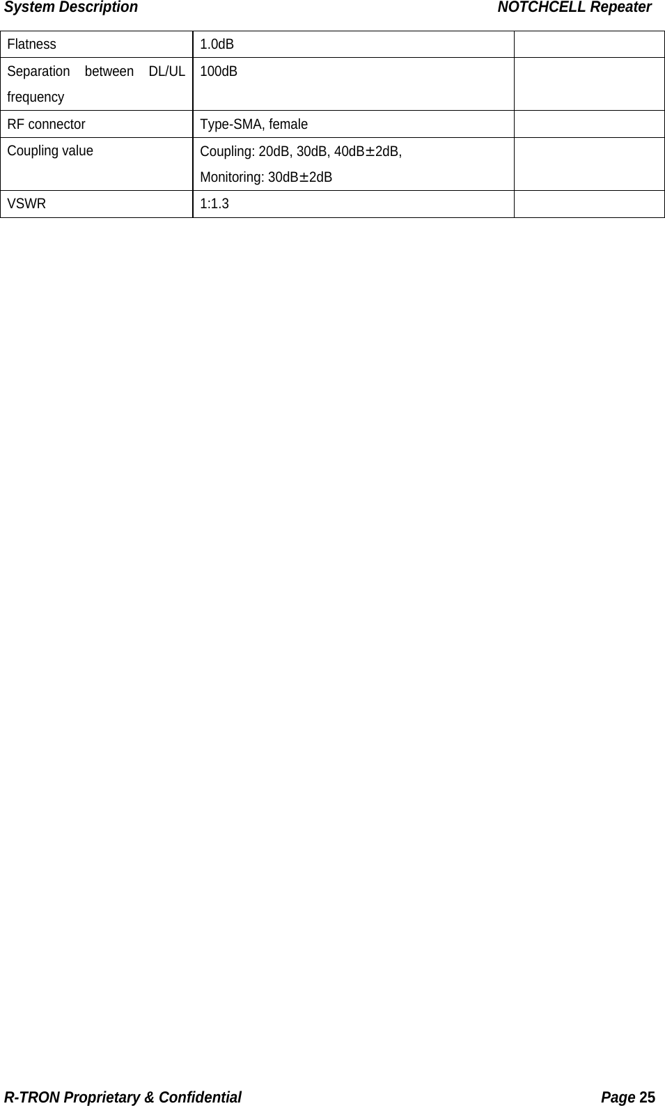 System Description                                                  NOTCHCELL Repeater Flatness 1.0dB   Separation between DL/UL frequency  100dB  RF connector  Type-SMA, female   Coupling value  Coupling: 20dB, 30dB, 40dB±2dB,  Monitoring: 30dB±2dB  VSWR 1:1.3    R-TRON Proprietary &amp; Confidential                                                  Page 25  