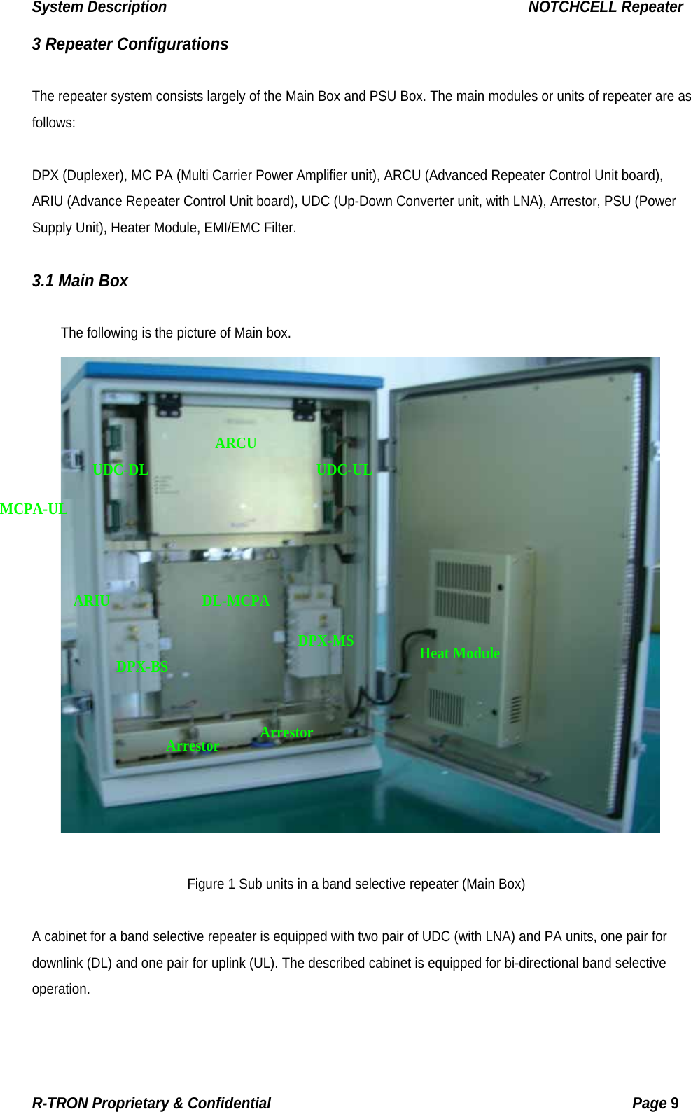 System Description                                                  NOTCHCELL Repeater 3 Repeater Configurations  The repeater system consists largely of the Main Box and PSU Box. The main modules or units of repeater are as follows:   DPX (Duplexer), MC PA (Multi Carrier Power Amplifier unit), ARCU (Advanced Repeater Control Unit board), ARIU (Advance Repeater Control Unit board), UDC (Up-Down Converter unit, with LNA), Arrestor, PSU (Power Supply Unit), Heater Module, EMI/EMC Filter.  3.1 Main Box  The following is the picture of Main box.  ARCU UDC-DL  UDC-UL MCPA-UL DL-MCPA ARIU DPX-MS  Heat ModuleDPX-BS Arrestor Arrestor  Figure 1 Sub units in a band selective repeater (Main Box)  A cabinet for a band selective repeater is equipped with two pair of UDC (with LNA) and PA units, one pair for downlink (DL) and one pair for uplink (UL). The described cabinet is equipped for bi-directional band selective operation. R-TRON Proprietary &amp; Confidential                                                  Page 9  