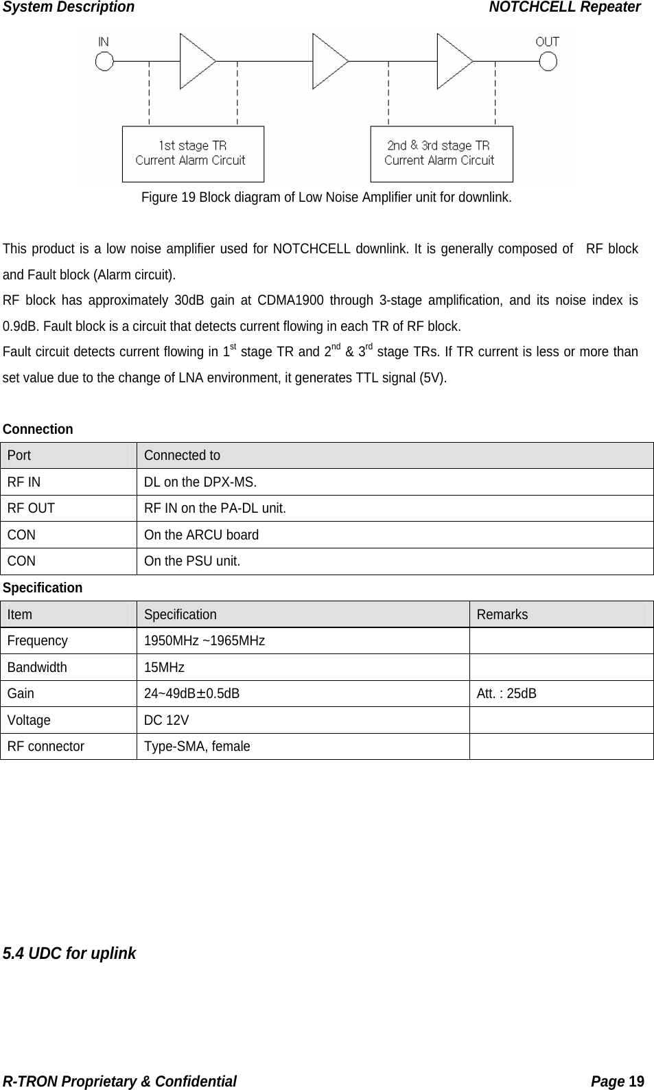 System Description                                                  NOTCHCELL Repeater  Figure 19 Block diagram of Low Noise Amplifier unit for downlink.  This product is a low noise amplifier used for NOTCHCELL downlink. It is generally composed of  RF block and Fault block (Alarm circuit). RF block has approximately 30dB gain at CDMA1900 through 3-stage amplification, and its noise index is 0.9dB. Fault block is a circuit that detects current flowing in each TR of RF block. Fault circuit detects current flowing in 1st stage TR and 2nd &amp; 3rd stage TRs. If TR current is less or more than set value due to the change of LNA environment, it generates TTL signal (5V).  Connection Port   Connected to RF IN    DL on the DPX-MS. RF OUT  RF IN on the PA-DL unit. CON    On the ARCU board CON    On the PSU unit. Specification Item  Specification  Remarks Frequency 1950MHz ~1965MHz   Bandwidth 15MHz   Gain  24~49dB±0.5dB  Att. : 25dB Voltage DC 12V   RF connector  Type-SMA, female          5.4 UDC for uplink R-TRON Proprietary &amp; Confidential                                                  Page 19  
