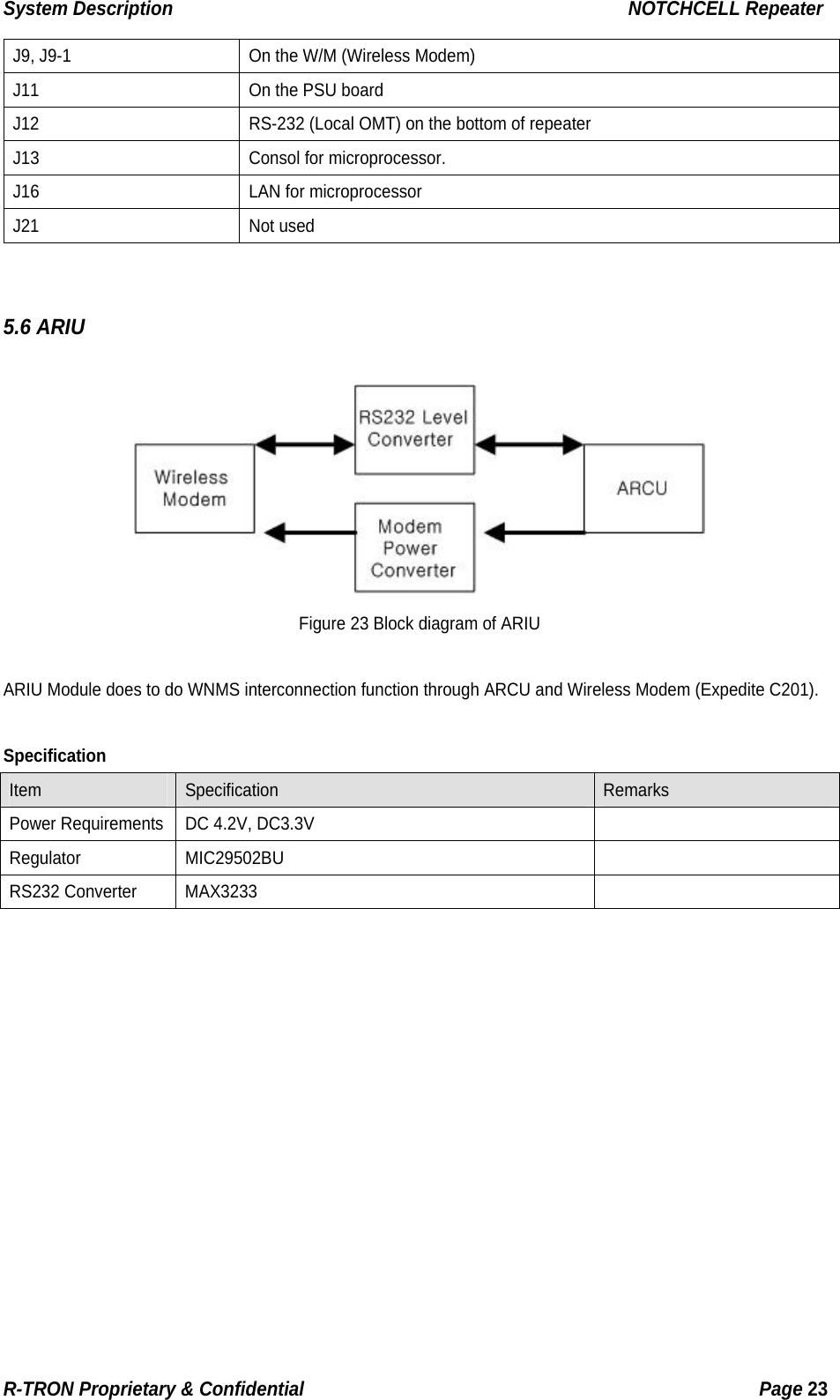 System Description                                                  NOTCHCELL Repeater J9, J9-1  On the W/M (Wireless Modem) J11  On the PSU board J12  RS-232 (Local OMT) on the bottom of repeater J13  Consol for microprocessor.   J16  LAN for microprocessor J21 Not used   5.6 ARIU   Figure 23 Block diagram of ARIU  ARIU Module does to do WNMS interconnection function through ARCU and Wireless Modem (Expedite C201).  Specification Item  Specification  Remarks Power Requirements  DC 4.2V, DC3.3V   Regulator MIC29502BU   RS232 Converter  MAX3233              R-TRON Proprietary &amp; Confidential                                                  Page 23  