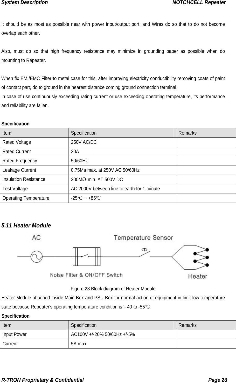 System Description                                                  NOTCHCELL Repeater  It should be as most as possible near with power input/output port, and Wires do so that to do not become overlap each other.  Also, must do so that high frequency resistance may minimize in grounding paper as possible when do mounting to Repeater.  When fix EMI/EMC Filter to metal case for this, after improving electricity conductibility removing coats of paint of contact part, do to ground in the nearest distance coming ground connection terminal. In case of use continuously exceeding rating current or use exceeding operating temperature, its performance and reliability are fallen.  Specification Item  Specification  Remarks  Rated Voltage  250V AC/DC   Rated Current  20A   Rated Frequency  50/60Hz   Leakage Current  0.75Ma max. at 250V AC 50/60Hz   Insulation Resistance  200MΩ  min. AT 500V DC   Test Voltage  AC 2000V between line to earth for 1 minute   Operating Temperature  -25℃ ~ +85℃    5.11 Heater Module  Figure 28 Block diagram of Heater Module Heater Module attached inside Main Box and PSU Box for normal action of equipment in limit low temperature state because Repeater&apos;s operating temperature condition is &apos;- 40 to -55℃&apos;. Specification Item  Specification  Remarks  Input Power  AC100V +/-20% 50/60Hz +/-5%   Current 5A max.   R-TRON Proprietary &amp; Confidential                                                  Page 28  