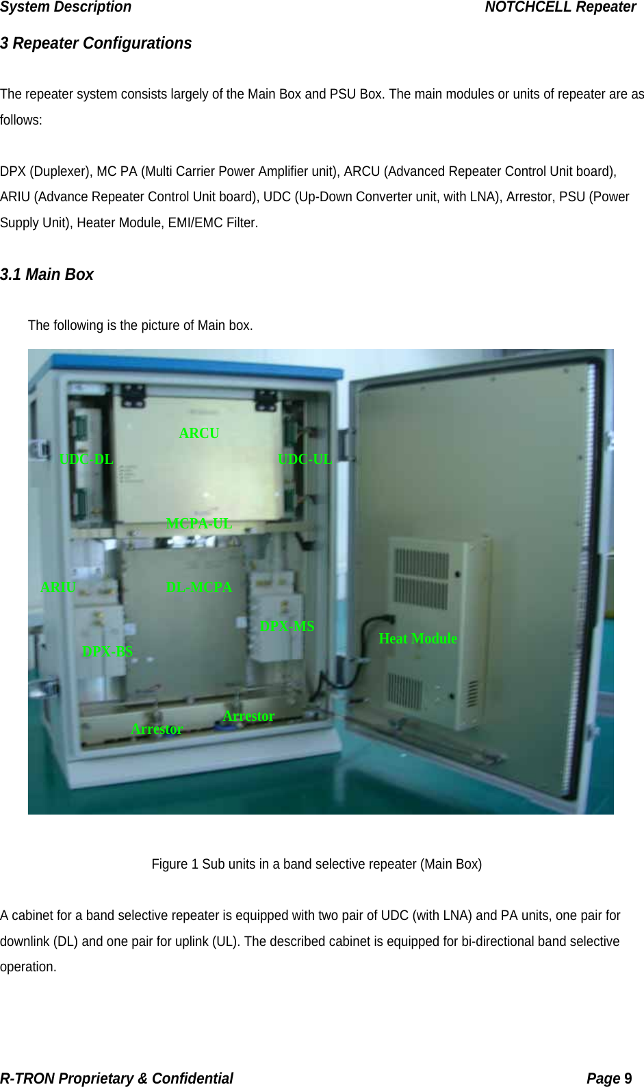 System Description                                                  NOTCHCELL Repeater 3 Repeater Configurations  The repeater system consists largely of the Main Box and PSU Box. The main modules or units of repeater are as follows:   DPX (Duplexer), MC PA (Multi Carrier Power Amplifier unit), ARCU (Advanced Repeater Control Unit board), ARIU (Advance Repeater Control Unit board), UDC (Up-Down Converter unit, with LNA), Arrestor, PSU (Power Supply Unit), Heater Module, EMI/EMC Filter.  3.1 Main Box  The following is the picture of Main box.  ARCU UDC-DL  UDC-UL MCPA-UL DL-MCPA ARIU DPX-MS  Heat ModuleDPX-BS Arrestor Arrestor  Figure 1 Sub units in a band selective repeater (Main Box)  A cabinet for a band selective repeater is equipped with two pair of UDC (with LNA) and PA units, one pair for downlink (DL) and one pair for uplink (UL). The described cabinet is equipped for bi-directional band selective operation. R-TRON Proprietary &amp; Confidential                                                  Page 9  