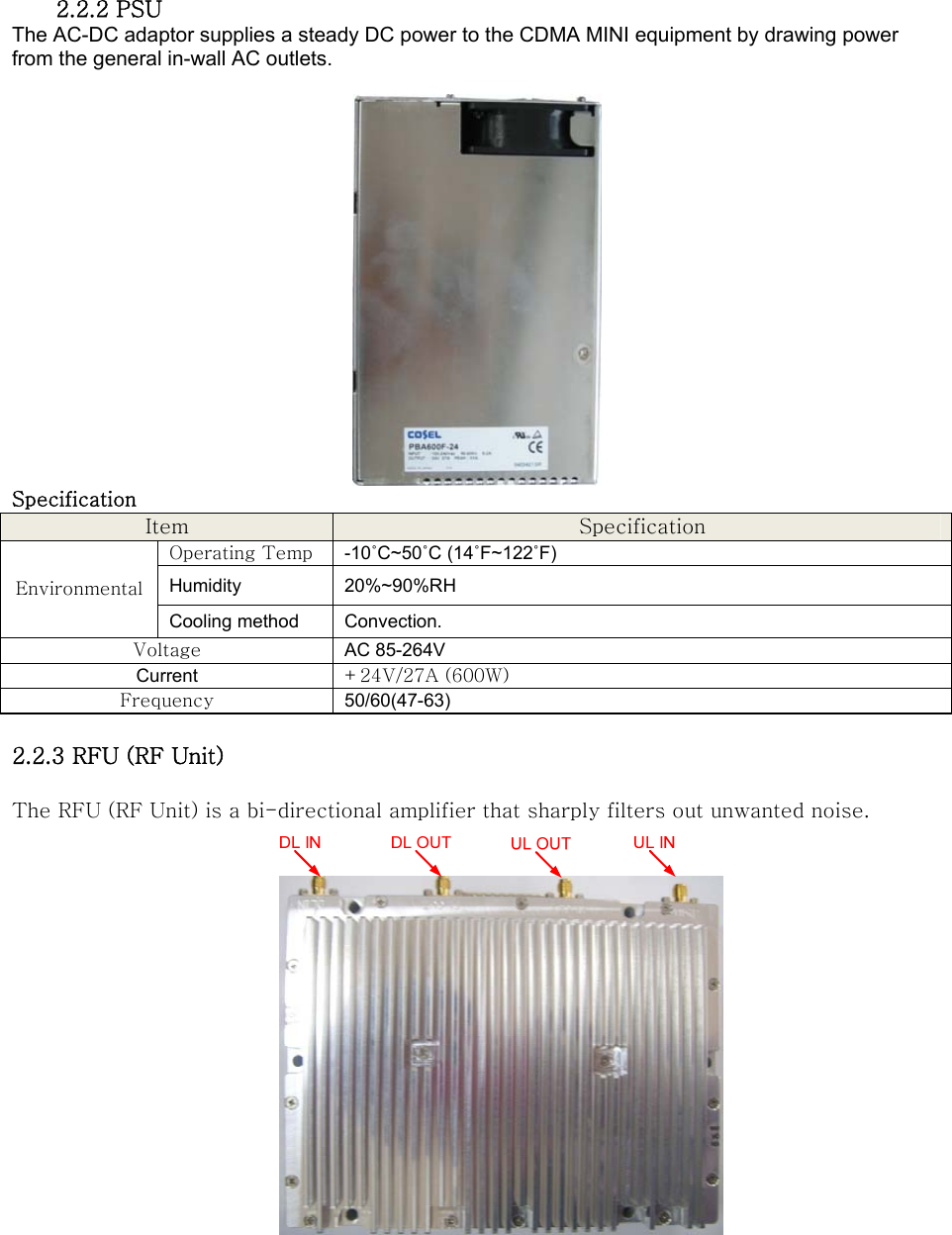  2.2.2 PSU The AC-DC adaptor supplies a steady DC power to the CDMA MINI equipment by drawing power from the general in-wall AC outlets.   Specification Item  Specification Operating Temp  -10˚C~50˚C (14˚F~122˚F) Humidity 20%~90%RH Environmental Cooling method  Convection. Voltage  AC 85-264V Current  +24V/27A (600W) Frequency  50/60(47-63)  2.2.3 RFU (RF Unit)  The RFU (RF Unit) is a bi-directional amplifier that sharply filters out unwanted noise.    