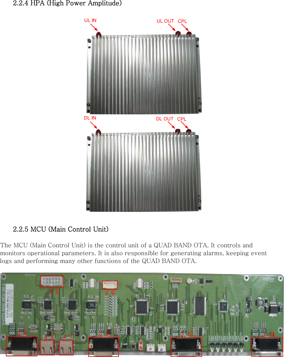  2.2.4 HPA (High Power Amplitude)    2.2.5 MCU (Main Control Unit)  The MCU (Main Control Unit) is the control unit of a QUAD BAND OTA. It controls and monitors operational parameters. It is also responsible for generating alarms, keeping event logs and performing many other functions of the QUAD BAND OTA.      