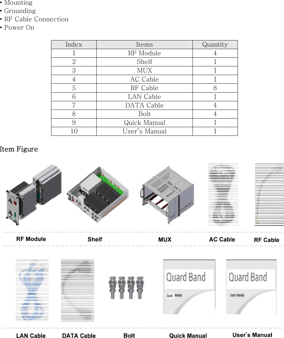 • Mounting • Grounding • RF Cable Connection • Power On  Index  Items  Quantity 1  RF Module  4 2  Shelf  1 3  MUX  1 4  AC Cable  1 5  RF Cable  8 6  LAN Cable  1 7  DATA Cable  4 8  Bolt  4 9  Quick Manual  1 10  User’s Manual  1  Item Figure  