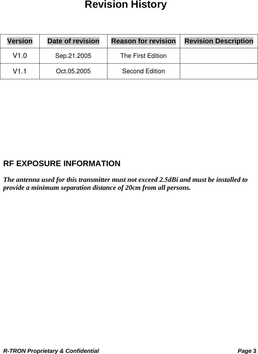 R-TRON Proprietary &amp; Confidential                                                 Page 3    Revision History   Version  Date of revision  Reason for revision Revision DescriptionV1.0  Sep.21.2005  The First Edition   V1.1  Oct.05.2005 Second Edition             RF EXPOSURE INFORMATION  The antenna used for this transmitter must not exceed 2.5dBi and must be installed to provide a minimum separation distance of 20cm from all persons.  