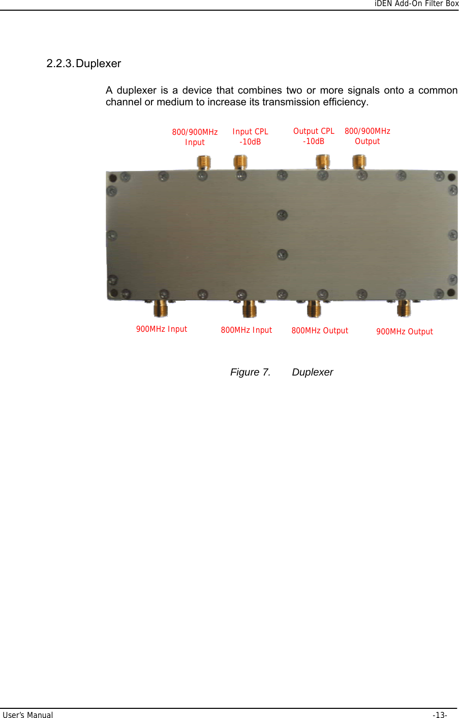      iDEN Add-On Filter Box User’s Manual     -13- 2.2.3. Duplexer A duplexer is a device that combines two or more signals onto a common channel or medium to increase its transmission efficiency.       Figure 7.  Duplexer                800/900MHz Input  Input CPL -10dB  Output CPL -10dB  800/900MHz Output 900MHz Input  800MHz Input  800MHz Output 900MHz Output 