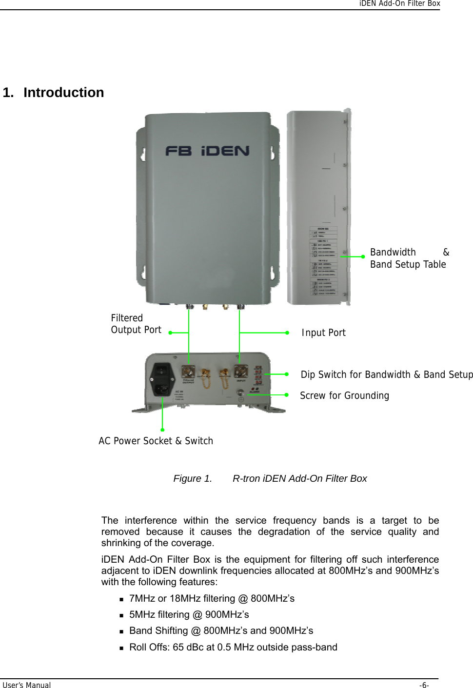      iDEN Add-On Filter Box User’s Manual     -6-  1. Introduction                      Figure 1.  R-tron iDEN Add-On Filter Box  The interference within the service frequency bands is a target to be removed because it causes the degradation of the service quality and shrinking of the coverage.   iDEN Add-On Filter Box is the equipment for filtering off such interference adjacent to iDEN downlink frequencies allocated at 800MHz’s and 900MHz’s with the following features:  7MHz or 18MHz filtering @ 800MHz’s  5MHz filtering @ 900MHz’s  Band Shifting @ 800MHz’s and 900MHz’s  Roll Offs: 65 dBc at 0.5 MHz outside pass-band Input Port Bandwidth &amp; Band Setup Table Screw for Grounding Filtered Output Port  AC Power Socket &amp; SwitchDip Switch for Bandwidth &amp; Band Setup