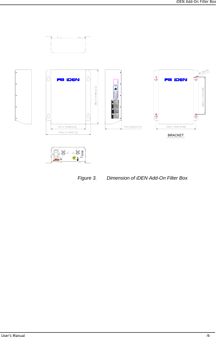      iDEN Add-On Filter Box User’s Manual     -9- OUTPUTFilteredAC IN100-240V ~DANGERRISK OF ELECTRIC SHOCKALARMOUTPUT MON. INPUT MON.7B FS 2INPUT900M FS 318B FS 1800M BS7B FS 2862~869MHz862~869MHz861.8~868.8MHz861.6~868.6MHz800M BS18MHz7MHz850.6~868.6MHz850.8~868.8MHz851~869MHz851~869MHz18B FS 1935~940MHz900M FS 3935~940MHz934.8~939.8MHz934.6~939.6MHzMADE IN KO REAELECTRIC AL RATING   :  100-240V ~  , 50/60Hz, 1ACOMPLIES WITH PART 24, FCC RULES.FCC REG. NO.  :  STESPAITR001MODEL  NO.  :  RSP-AIT-R001MAKER  :  R-tron lnc.SERIAL NO.  /  DATE  :   E258109I.T.E31CYBRACKET Figure 3.  Dimension of iDEN Add-On Filter Box                 