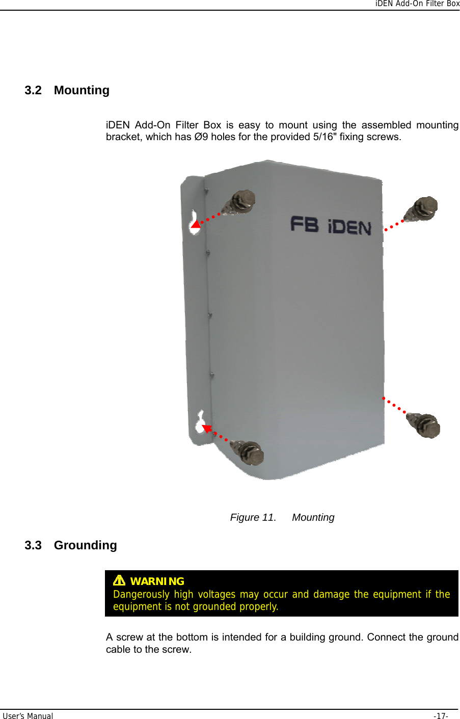      iDEN Add-On Filter Box User’s Manual     -17-  3.2 Mounting iDEN Add-On Filter Box is easy to mount using the assembled mounting bracket, which has Ø9 holes for the provided 5/16&quot; fixing screws.    Figure 11.  Mounting 3.3 Grounding     A screw at the bottom is intended for a building ground. Connect the ground cable to the screw.  WARNING Dangerously high voltages may occur and damage the equipment if the equipment is not groundedproperly.