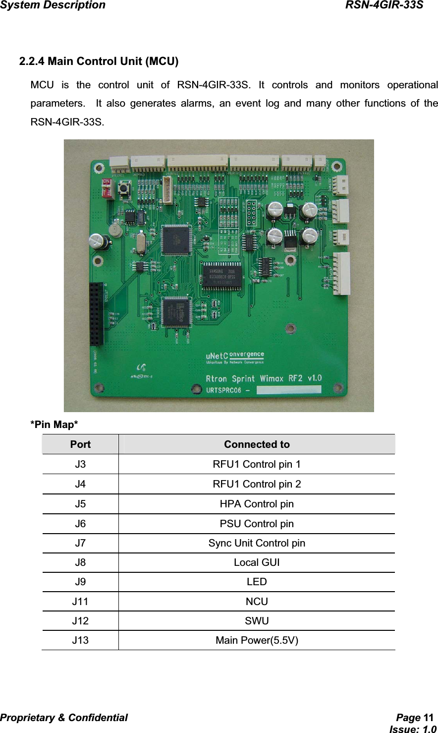 System Description                                           RSN-4GIR-33SProprietary &amp; Confidential                                                     Page 11                                                                             Issue: 1.0   G2.2.4 Main Control Unit (MCU) MCU is the control unit of RSN-4GIR-33S. It controls and monitors operational parameters.  It also generates alarms, an event log and many other functions of the RSN-4GIR-33S. G*Pin Map* Port  Connected to   J3  RFU1 Control pin 1 J4  RFU1 Control pin 2 J5  HPA Control pin J6  PSU Control pin J7  Sync Unit Control pin J8 Local GUI J9 LED J11 NCU J12 SWU J13 Main Power(5.5V)    