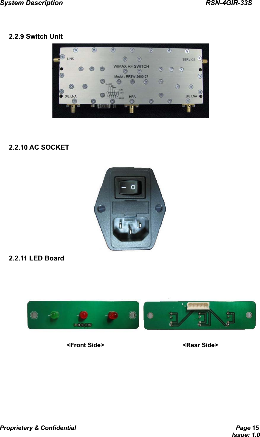 System Description                                           RSN-4GIR-33SProprietary &amp; Confidential                                                     Page 15                                                                             Issue: 1.0   GG2.2.9 Switch Unit GGG2.2.10 AC SOCKET GG2.2.11 LED Board   G          &lt;Front Side&gt;                          &lt;Rear Side&gt;      