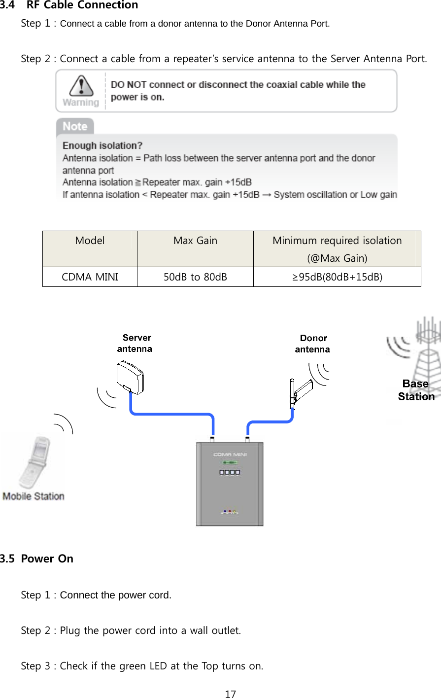 17  3.4   RF Cable Connection Step 1 : Connect a cable from a donor antenna to the Donor Antenna Port.  Step 2 : Connect a cable from a repeater’s service antenna to the Server Antenna Port.    Model  Max Gain  Minimum required isolation (@Max Gain) CDMA MINI  50dB to 80dB  ≥95dB(80dB+15dB)   3.5 Power On  Step 1 : Connect the power cord.  Step 2 : Plug the power cord into a wall outlet.  Step 3 : Check if the green LED at the Top turns on. 