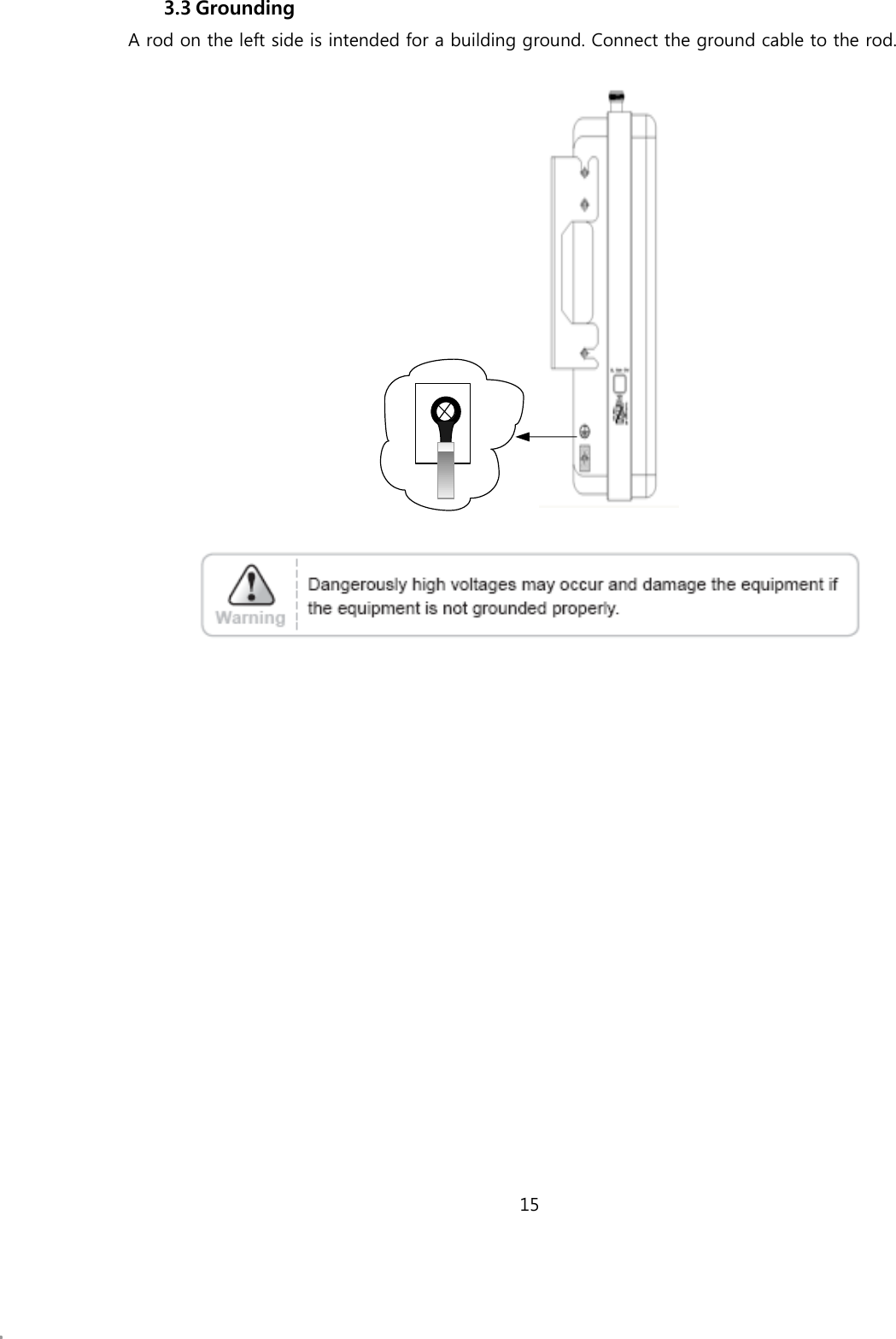 15  3.3 Grounding A rod on the left side is intended for a building ground. Connect the ground cable to the rod.      