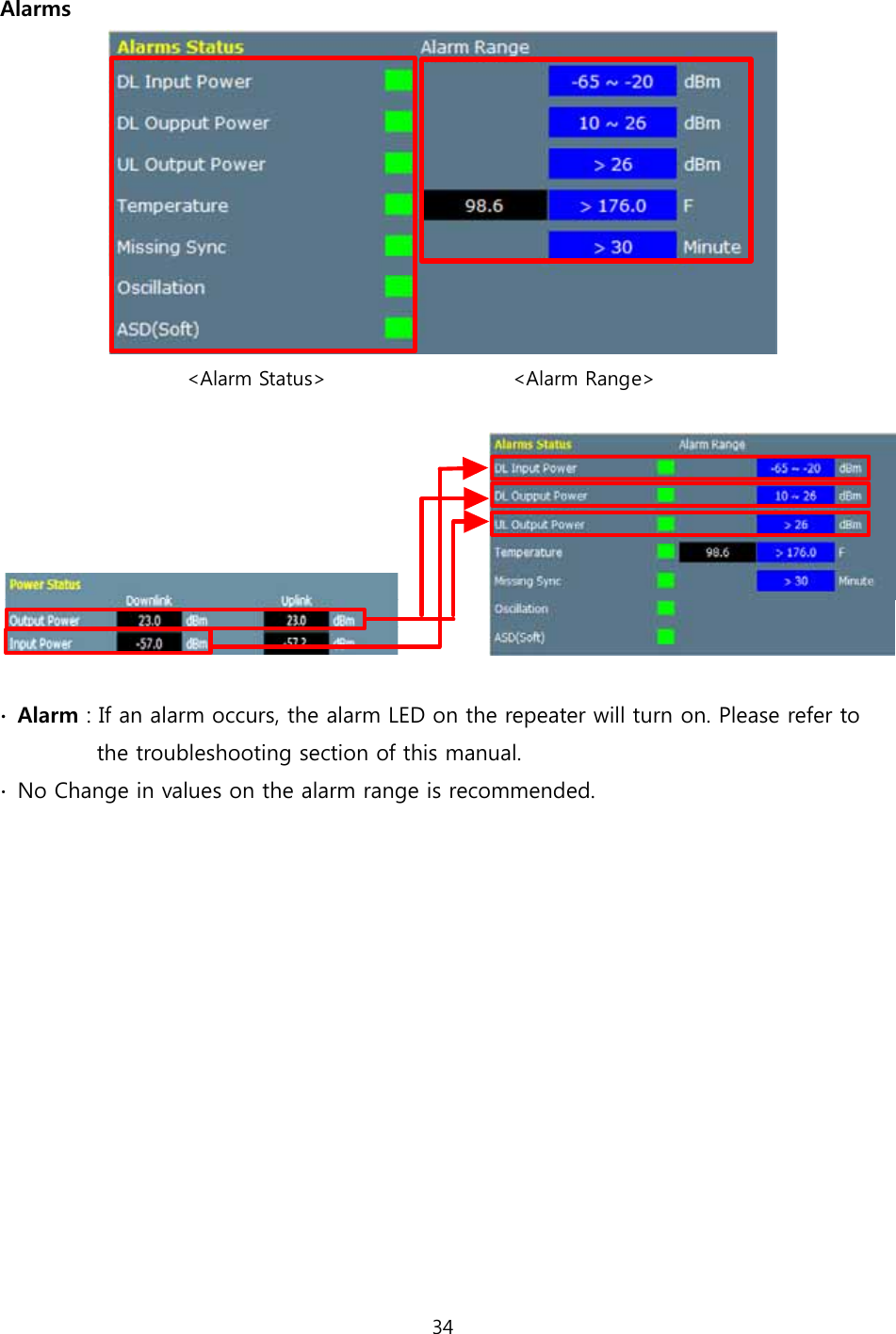 34  Alarms                     &lt;Alarm Status&gt;                   &lt;Alarm Range&gt;   ∙ Alarm : If an alarm occurs, the alarm LED on the repeater will turn on. Please refer to          the troubleshooting section of this manual. ∙  No Change in values on the alarm range is recommended.              