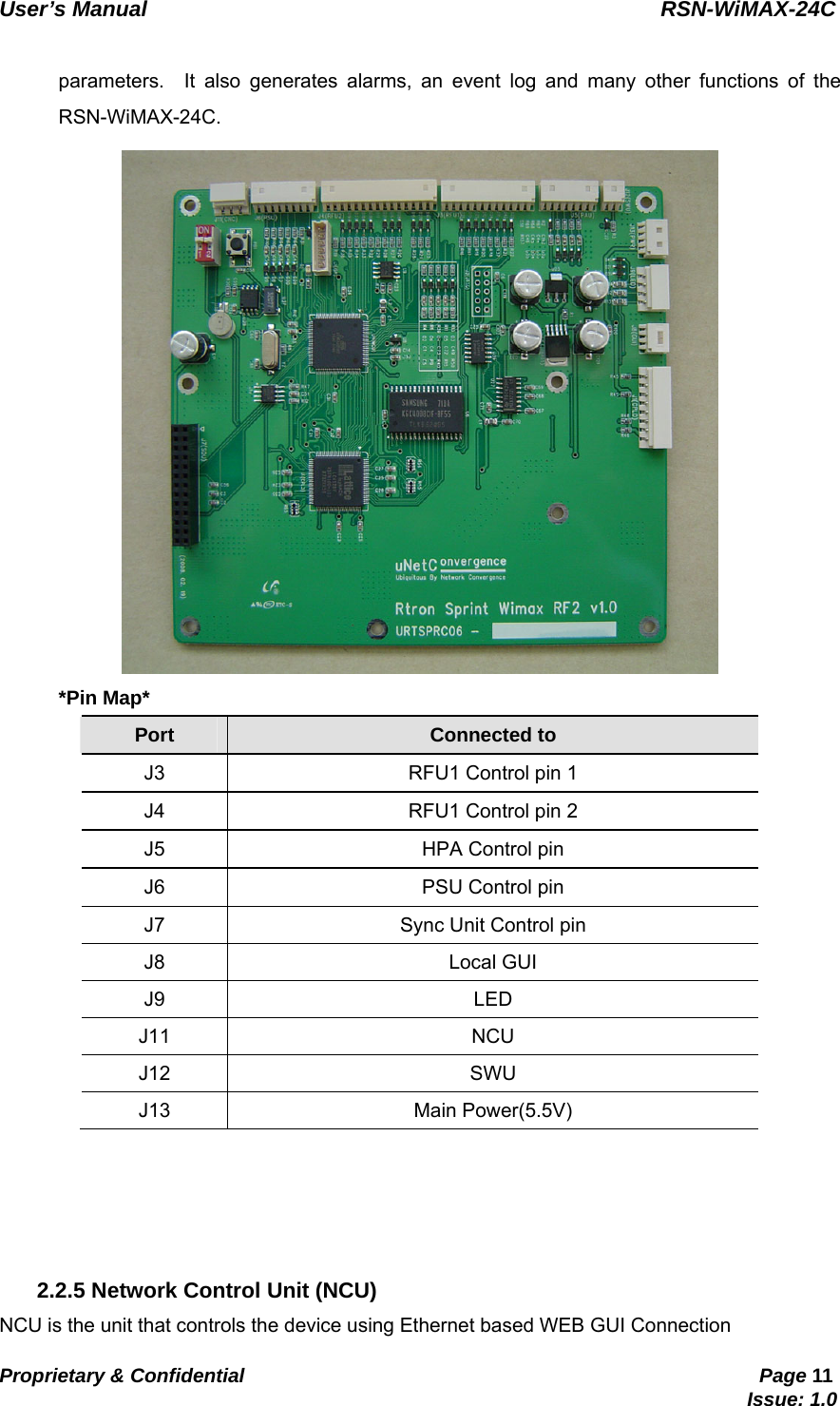   User’s Manual                                                RSN-WiMAX-24C   Proprietary &amp; Confidential                                                     Page 11                                                                               Issue: 1.0    parameters.  It also generates alarms, an event log and many other functions of the RSN-WiMAX-24C.  *Pin Map* Port   Connected to   J3  RFU1 Control pin 1 J4  RFU1 Control pin 2 J5  HPA Control pin J6  PSU Control pin J7  Sync Unit Control pin J8 Local GUI J9 LED J11 NCU J12 SWU J13 Main Power(5.5V)     2.2.5 Network Control Unit (NCU) NCU is the unit that controls the device using Ethernet based WEB GUI Connection   