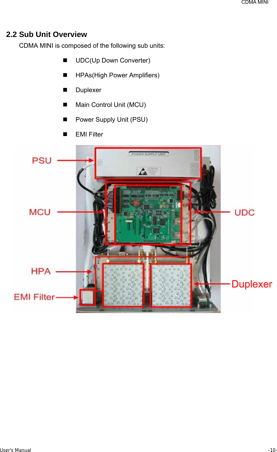     CDMA MINI User’s Manual     -10-   2.2 Sub Unit Overview CDMA MINI is composed of the following sub units:  UDC(Up Down Converter)   HPAs(High Power Amplifiers)   Duplexer     Main Control Unit (MCU)   Power Supply Unit (PSU)  EMI Filter Duplexer