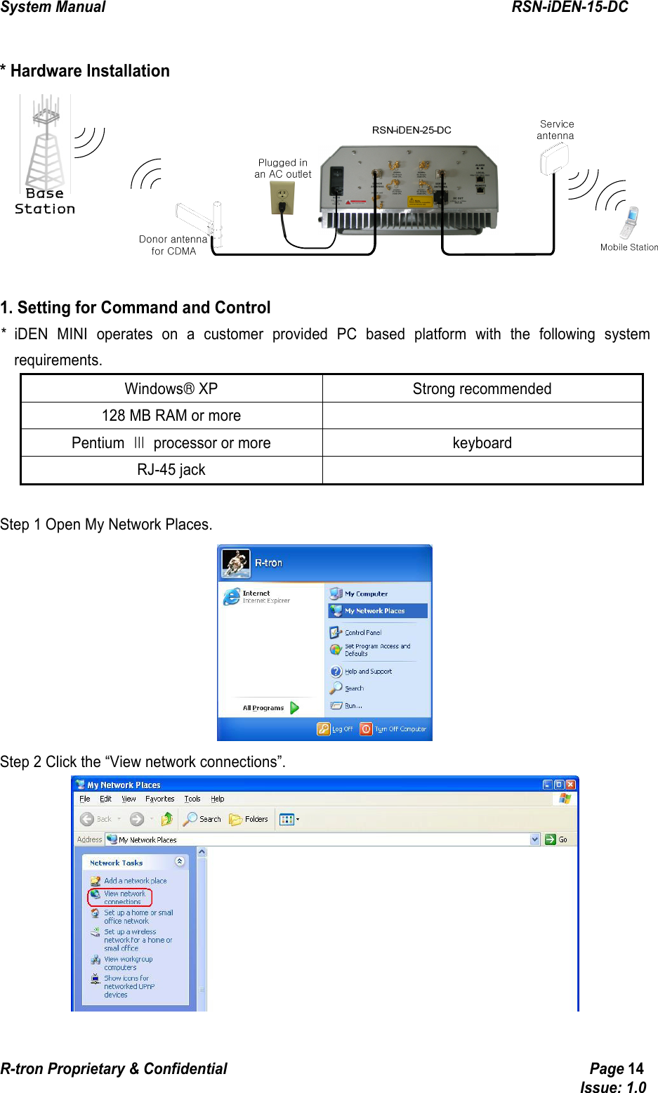 System Manual                                                        RSN-iDEN-15-DC R-tron Proprietary &amp; Confidential                                                  Page 14                                                                                  Issue: 1.0  * Hardware Installation  1. Setting for Command and Control   *  iDEN MINI operates on a customer provided PC based platform with the following system requirements. Windows® XP  Strong recommended 128 MB RAM or more   Pentium Ⅲ processor or more  keyboard RJ-45 jack    Step 1 Open My Network Places.  Step 2 Click the “View network connections”.  