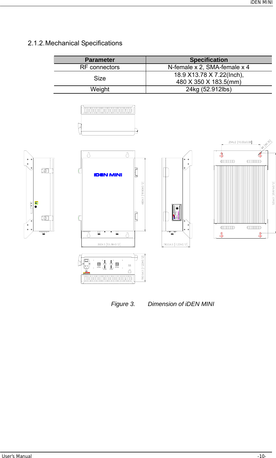    iDEN MINI User’s Manual     -10- 2.1.2. Mechanical  Specifications Parameter  Specification RF connectors  N-female x 2, SMA-female x 4 Size  18.9 X13.78 X 7.22(Inch),   480 X 350 X 183.5(mm) Weight 24kg (52.912lbs) SERVICEANTENNADONORANTENNA110 -125V ~DANGERRISK OF ELECTRIC SHOCKAC IN 800MHzTX MON.900MHzTX MON.800MHzRX MON.900MHzRX MON. LANALARME25810931CYI.T.Enot cause harmful interference.:MAKER     POWER     :FCC REG. NO.  : SERIAL NO.  /  DATE  :  R-tron lnc.COMPLIES WITH PART 96, FCC RULES.110V ~ , 50/60Hz , 2ARSP-AID-001 :MODEL    Operation is subject to the condition that this deviceThis devic e comp lies w ith pa rt 15  of the FCC  rules.MADE IN KOREA Figure 3.  Dimension of iDEN MINI 