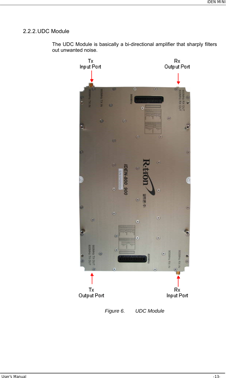    iDEN MINI User’s Manual     -13- 2.2.2. UDC  Module The UDC Module is basically a bi-directional amplifier that sharply filters out unwanted noise.  Figure 6.  UDC Module 