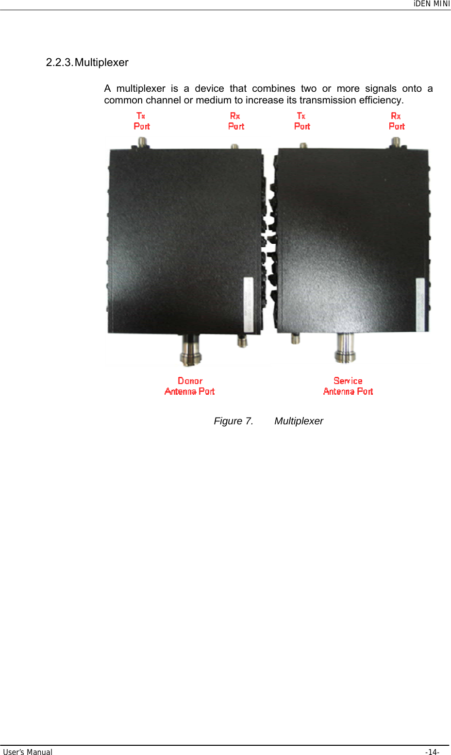    iDEN MINI User’s Manual     -14- 2.2.3. Multiplexer A multiplexer is a device that combines two or more signals onto a common channel or medium to increase its transmission efficiency.  Figure 7.  Multiplexer 