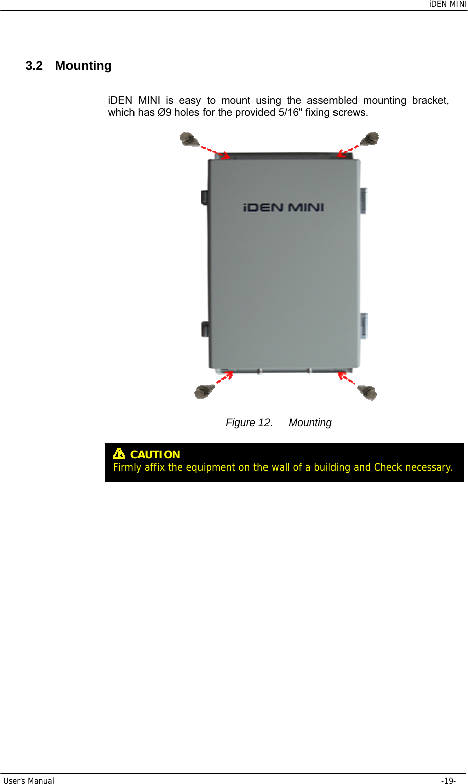    iDEN MINI User’s Manual     -19- 3.2 Mounting iDEN MINI is easy to mount using the assembled mounting bracket, which has Ø9 holes for the provided 5/16&quot; fixing screws.   Figure 12.  Mounting   CAUTION Firmly affix the equipment on the wall of a building and Check necessary. 