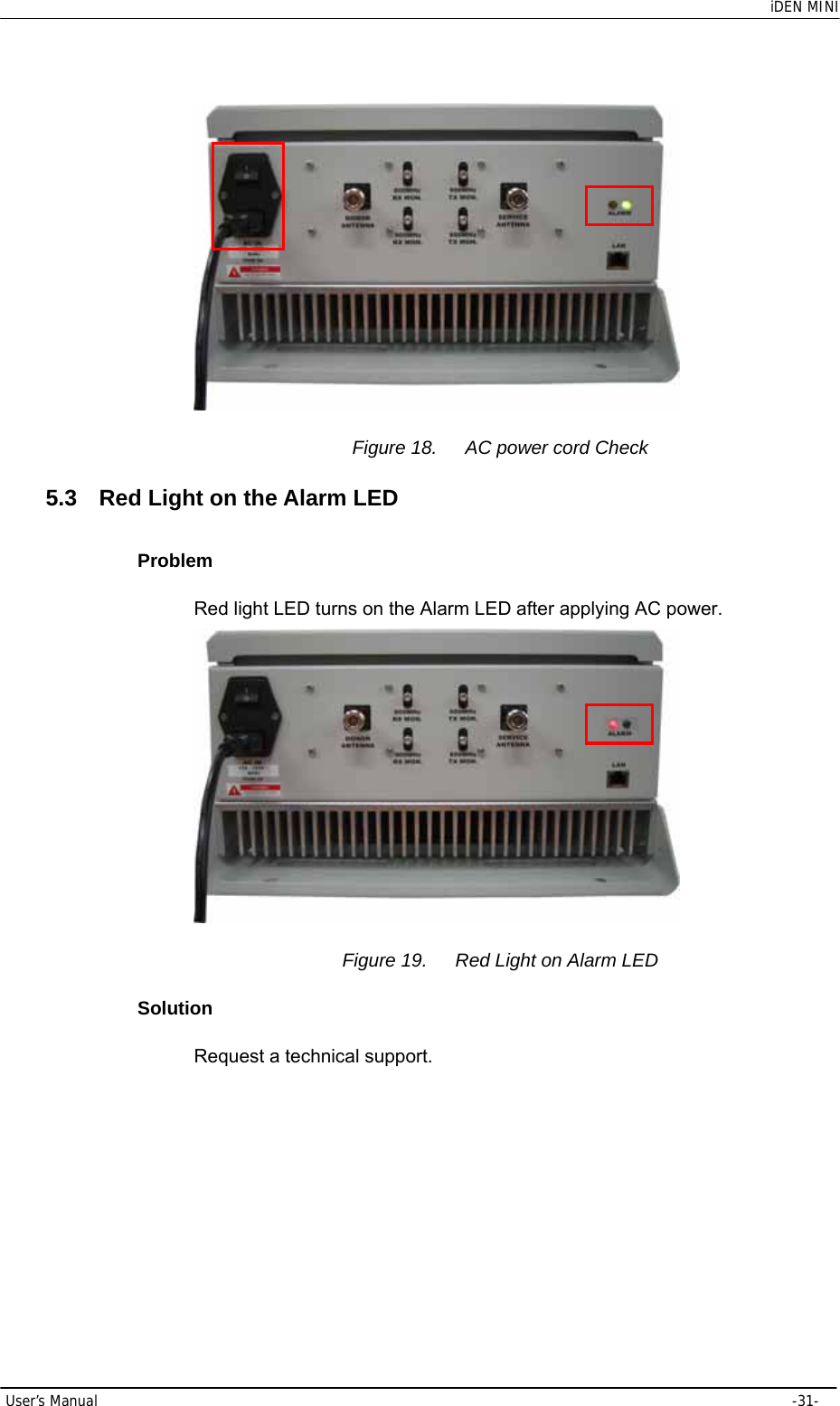    iDEN MINI User’s Manual     -31-  Figure 18.  AC power cord Check 5.3  Red Light on the Alarm LED Problem Red light LED turns on the Alarm LED after applying AC power.  Figure 19.  Red Light on Alarm LED Solution Request a technical support. 