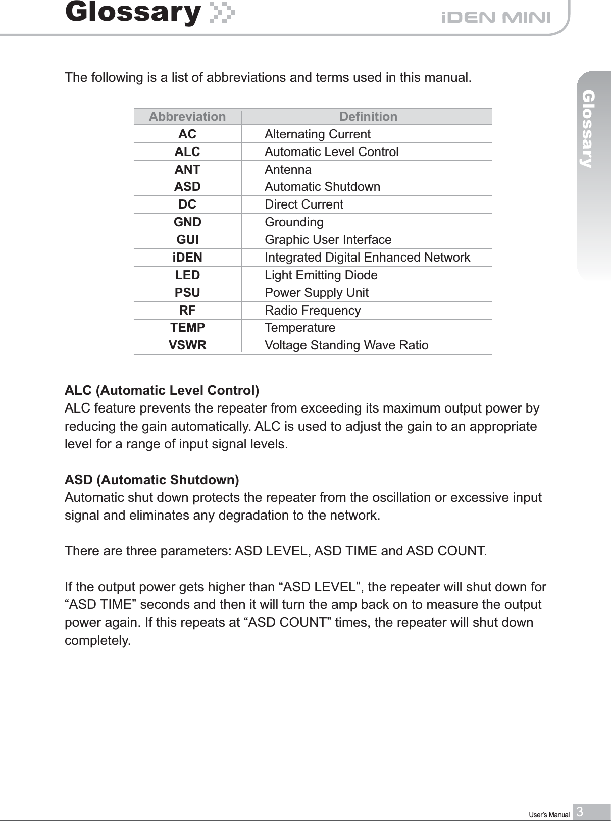 3User’s ManualGlossaryThe following is a list of abbreviations and terms used in this manual.GlossaryALC (Automatic Level Control)ALC feature prevents the repeater from exceeding its maximum output power by reducing the gain automatically. ALC is used to adjust the gain to an appropriate level for a range of input signal levels. ASD (Automatic Shutdown)Automatic shut down protects the repeater from the oscillation or excessive input signal and eliminates any degradation to the network.There are three parameters: ASD LEVEL, ASD TIME and ASD COUNT.If the output power gets higher than “ASD LEVEL”, the repeater will shut down for“ASD TIME” seconds and then it will turn the amp back on to measure the output power again. If this repeats at “ASD COUNT” times, the repeater will shut down completely.AbbreviationACALCANTASDDCGNDGUIiDENLEDPSURFTEMPVSWRDefinitionAlternating CurrentAutomatic Level ControlAntennaAutomatic ShutdownDirect Current GroundingGraphic User InterfaceIntegrated Digital Enhanced NetworkLight Emitting DiodePower Supply UnitRadio FrequencyTemperatureVoltage Standing Wave Ratio