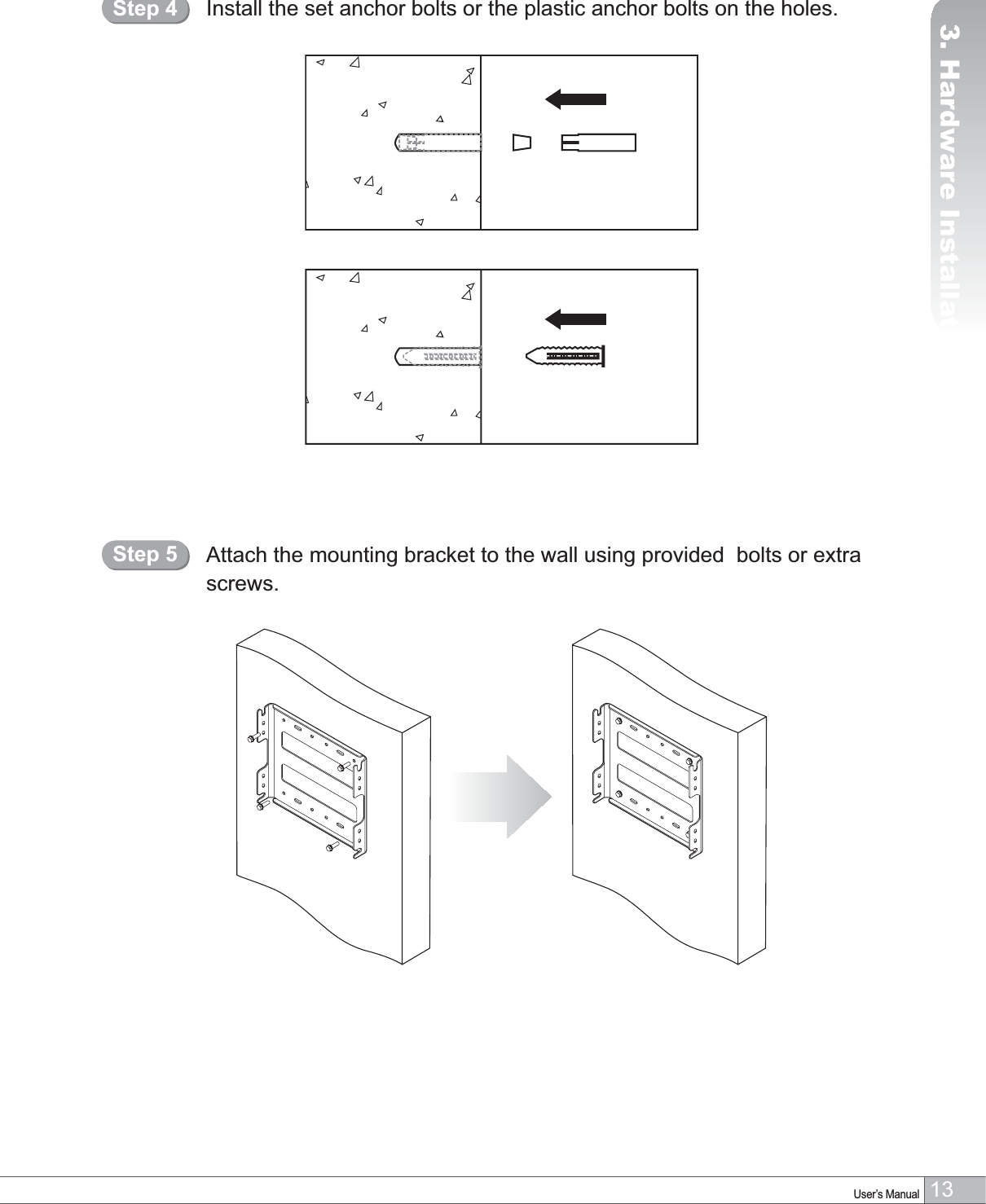 13User’s Manual3. Hardware InstallationInstall the set anchor bolts or the plastic anchor bolts on the holes.Step 4Attach the mounting bracket to the wall using provided  bolts or extra screws.Step 5