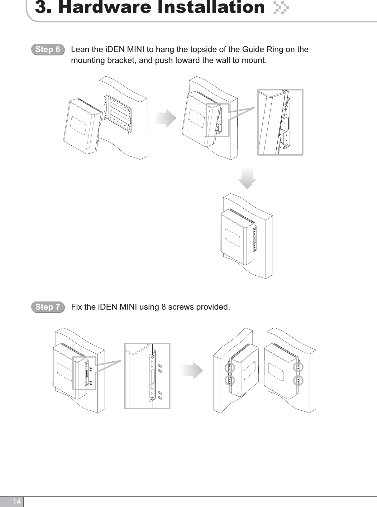 143. Hardware InstallationLean the iDEN MINI to hang the topside of the Guide Ring on the mounting bracket, and push toward the wall to mount.Step 6Fix the iDEN MINI using 8 screws provided.Step 7