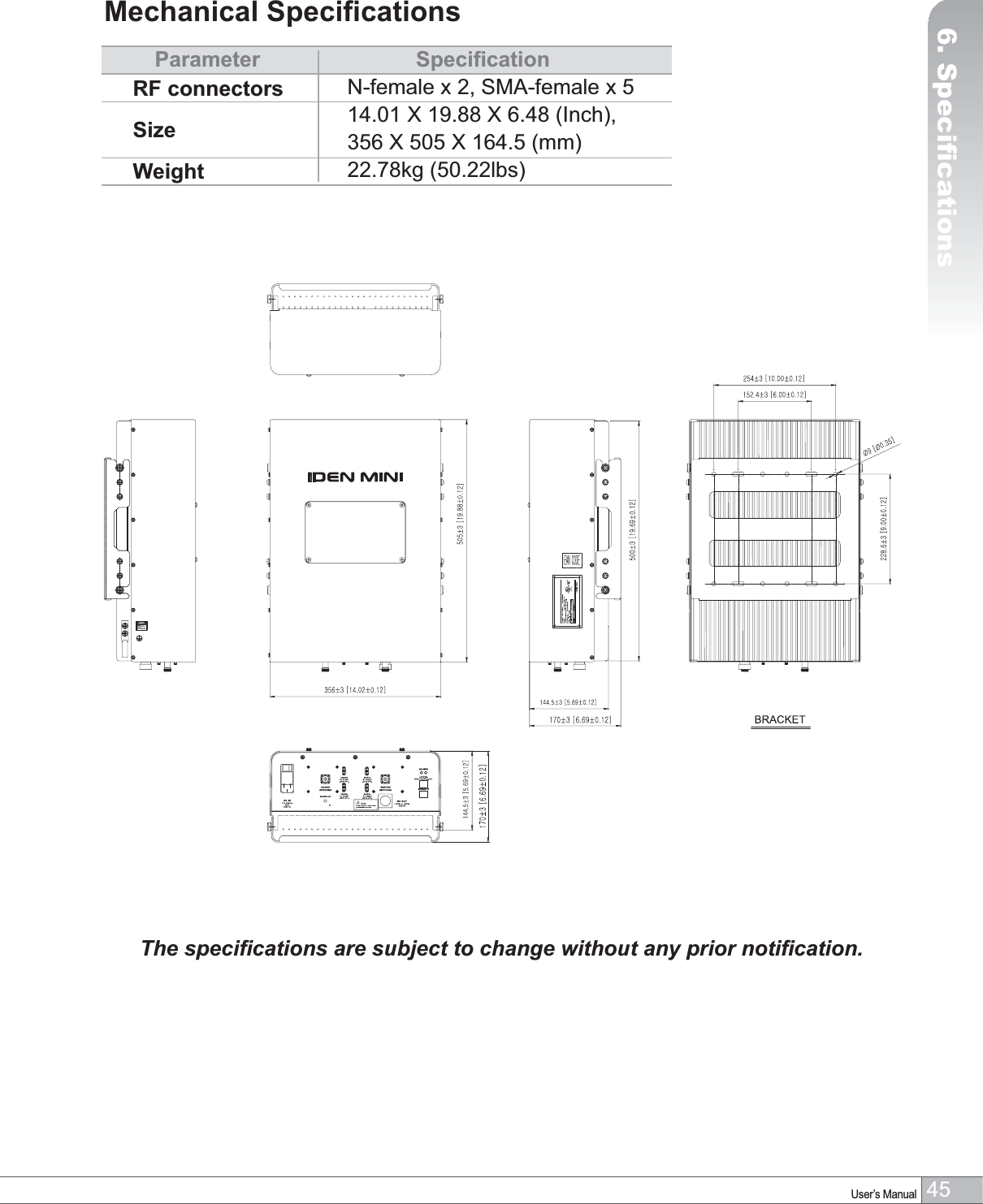 45User’s Manual6. SpecificationsMechanical SpecificationsParameter SpecificationN-female x 2, SMA-female x 514.01 X 19.88 X 6.48 (Inch), 356 X 505 X 164.5 (mm)22.78kg (50.22lbs)RF connectorsSizeWeightThe specifications are subject to change without any prior notification.6. Specifications