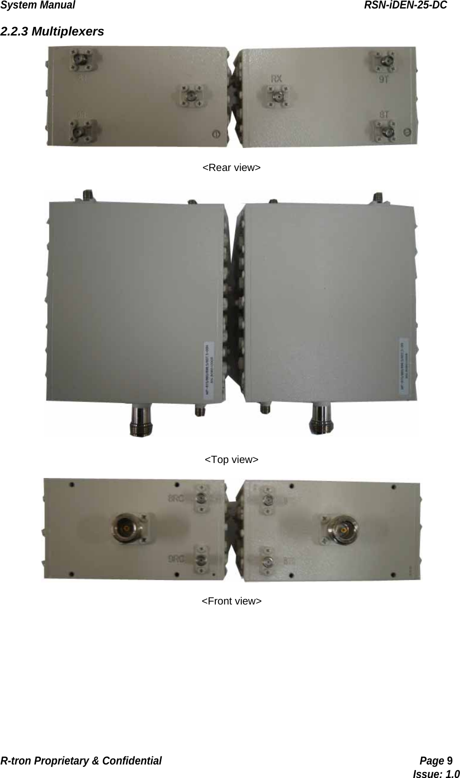 System Manual                                                        RSN-iDEN-25-DC R-tron Proprietary &amp; Confidential                                                  Page 9                                                                                  Issue: 1.0 2.2.3 Multiplexers  &lt;Rear view&gt;  &lt;Top view&gt;  &lt;Front view&gt;  