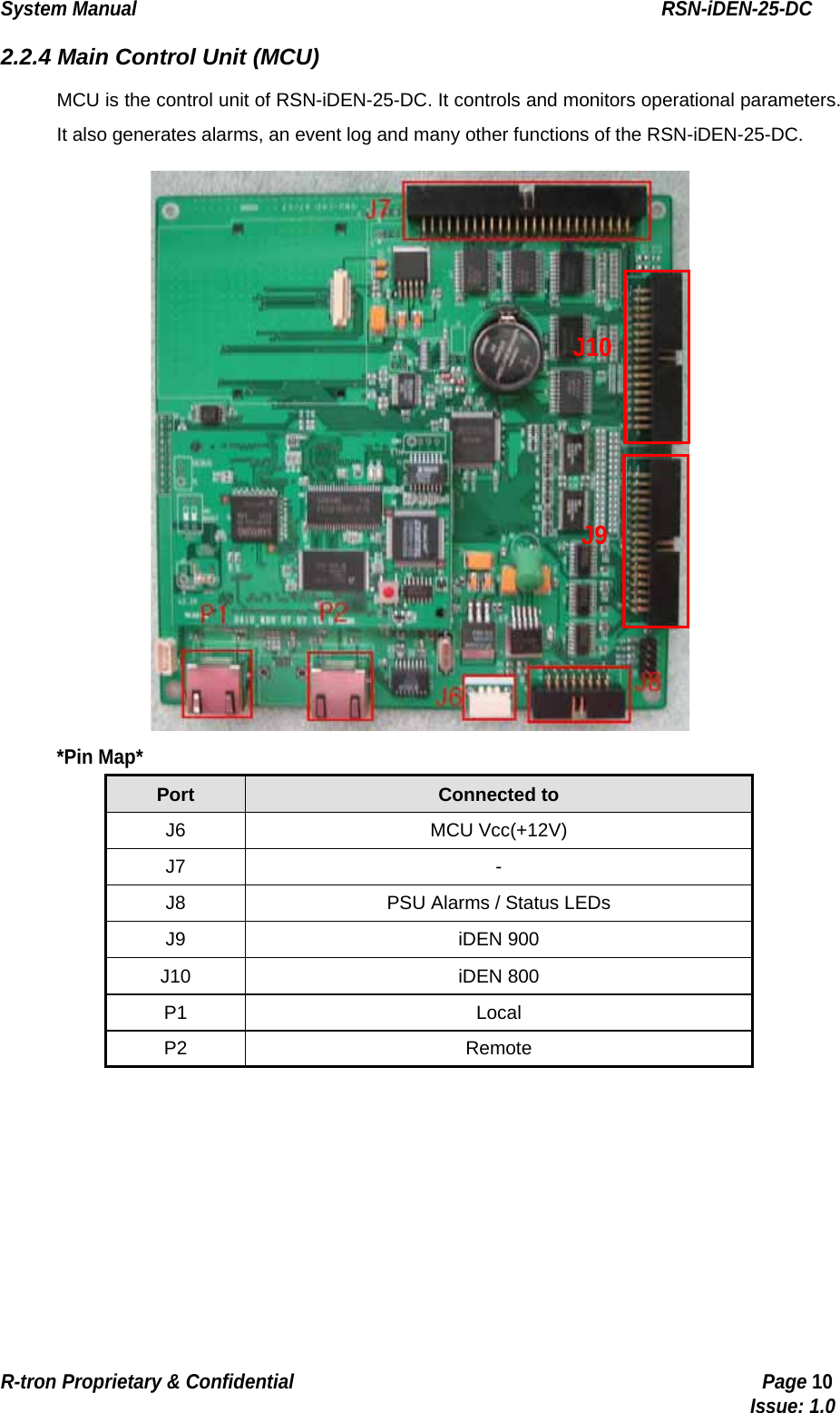 System Manual                                                        RSN-iDEN-25-DC R-tron Proprietary &amp; Confidential                                                  Page 10                                                                                  Issue: 1.0 2.2.4 Main Control Unit (MCU) MCU is the control unit of RSN-iDEN-25-DC. It controls and monitors operational parameters.   It also generates alarms, an event log and many other functions of the RSN-iDEN-25-DC.  *Pin Map* Port   Connected to   J6 MCU Vcc(+12V) J7 - J8  PSU Alarms / Status LEDs J9 iDEN 900 J10 iDEN 800 P1 Local P2 Remote  J9J10