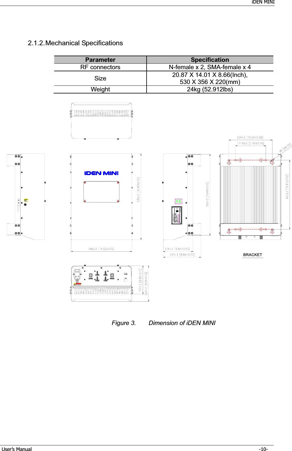    iDEN MINI GUser’s Manual      -10- G2.1.2. Mechanical  Specifications Parameter Specification RF connectors  N-female x 2, SMA-female x 4 Size  20.87 X 14.01 X 8.66(Inch),   530 X 356 X 220(mm) Weight 24kg (52.912lbs) LANALARMAC IN110 -125V ~ڟڜکڢڠڭڭڤڮڦٻڪڡٻڠڧڠڞگڭڤڞٻڮڣڪڞڦBRACKETmay not harmful interference.RSN-iDEN-30COMPLIES WITH PART 90, FCC RULES.110 -125V ~ , 60Hz , 4A:PRODUCT PART NUMBERPOWER     :FCC REG. NO.  :  STESNiDEN30SERIAL NO.  /  DATE  :  E25810931CYI.T.E:MAKER     MADE I N KOREAR-tron lnc.Operation is subject to the condition that this deviceThis device complies with Part 15 of the FCC Rules.800MHzTX MON.900MHzRX MON.DONORANTENNASERVICEANTENNA900MHzTX MON.800MHzRX MON.Figure 3.  Dimension of iDEN MINI 