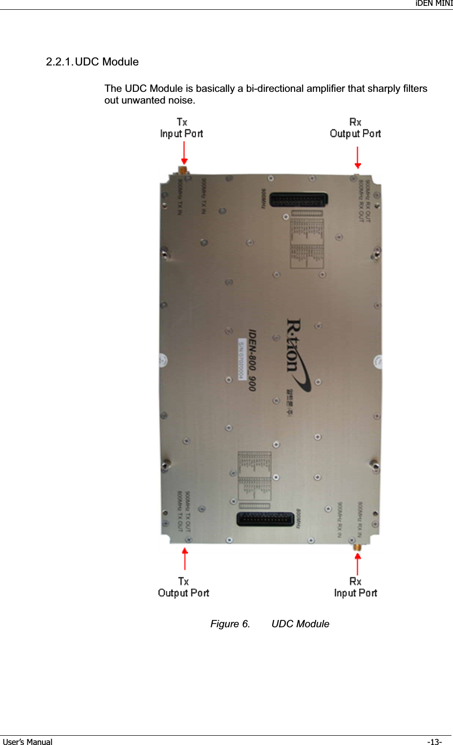    iDEN MINI GUser’s Manual      -13- G2.2.1. UDC  Module The UDC Module is basically a bi-directional amplifier that sharply filters out unwanted noise. Figure 6.  UDC Module 