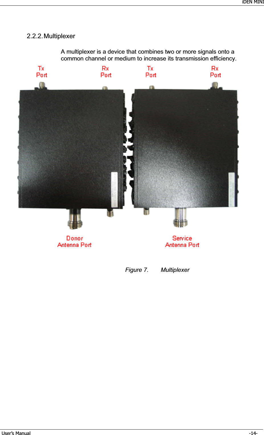    iDEN MINI GUser’s Manual      -14- G2.2.2. Multiplexer A multiplexer is a device that combines two or more signals onto a common channel or medium to increase its transmission efficiency. Figure 7.  Multiplexer 