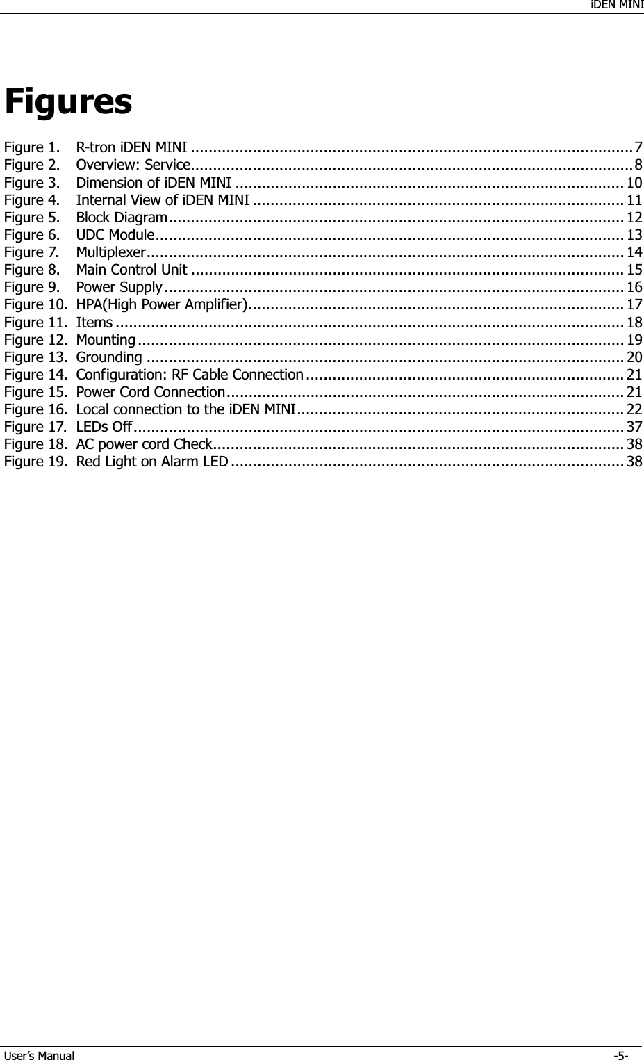    iDEN MINI GUser’s Manual      -5- GFiguresFigure 1.GR-tron iDEN MINI .................................................................................................... 7GFigure 2.GOverview: Service .................................................................................................... 8GFigure 3.GDimension of iDEN MINI ........................................................................................ 10GFigure 4.GInternal View of iDEN MINI .................................................................................... 11GFigure 5.GBlock Diagram ....................................................................................................... 12GFigure 6.GUDC Module .......................................................................................................... 13GFigure 7.GMultiplexer ............................................................................................................ 14GFigure 8.GMain Control Unit .................................................................................................. 15GFigure 9.GPower Supply ........................................................................................................ 16GFigure 10.GHPA(High Power Amplifier) ..................................................................................... 17GFigure 11.GItems ................................................................................................................... 18GFigure 12.GMounting .............................................................................................................. 19GFigure 13.GGrounding ............................................................................................................ 20GFigure 14.GConfiguration: RF Cable Connection ........................................................................ 21GFigure 15.GPower Cord Connection .......................................................................................... 21GFigure 16.GLocal connection to the iDEN MINI .......................................................................... 22GFigure 17.GLEDs Off ............................................................................................................... 37GFigure 18.GAC power cord Check ............................................................................................. 38GFigure 19.GRed Light on Alarm LED ......................................................................................... 38G