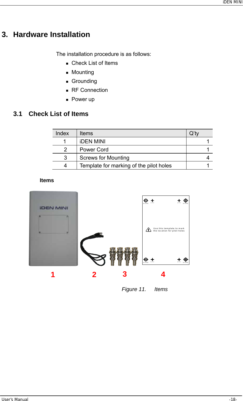    iDEN MINI  User’s Manual     -18-  3. Hardware Installation The installation procedure is as follows:  Check List of Items  Mounting  Grounding  RF Connection  Power up 3.1  Check List of Items   Index  Items  Q’ty 1 iDEN MINI  1 2 Power Cord  1 3  Screws for Mounting  4 4  Template for marking of the pilot holes  1 Items      A-TYPEA-TYPEA-TYPE A-TYPEB-TYPEB-TYPEB-TYPE B-TYPEUse this template to markthe location for pilot holes                                      Figure 11.  Items 1  2  3  4 