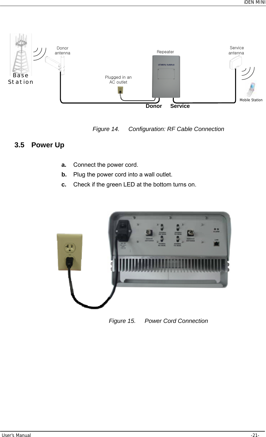    iDEN MINI  User’s Manual     -21-  Mobile StationDonor ServiceService antennaDonor antennaPlugged in an AC outletRepeaterBase Station Figure 14.  Configuration: RF Cable Connection 3.5 Power Up a.  Connect the power cord. b.  Plug the power cord into a wall outlet. c.  Check if the green LED at the bottom turns on.      Figure 15.  Power Cord Connection 