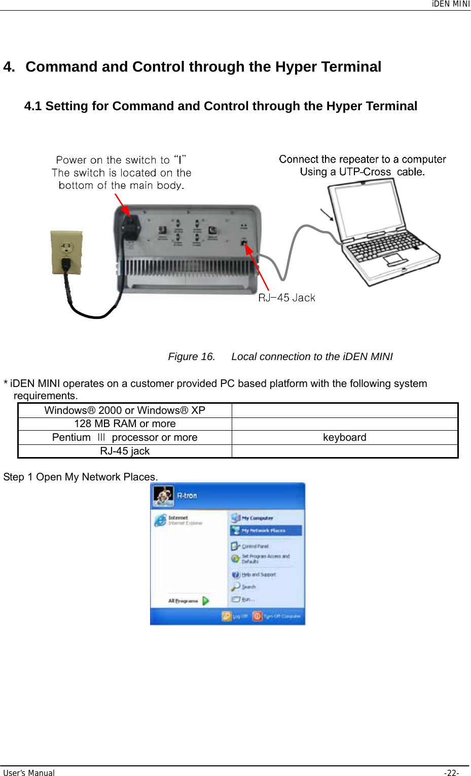    iDEN MINI  User’s Manual     -22-  4.  Command and Control through the Hyper Terminal   4.1 Setting for Command and Control through the Hyper Terminal   Figure 16.  Local connection to the iDEN MINI * iDEN MINI operates on a customer provided PC based platform with the following system requirements. Windows® 2000 or Windows® XP   128 MB RAM or more   Pentium  Ⅲ  processor or more  keyboard RJ-45 jack    Step 1 Open My Network Places.   