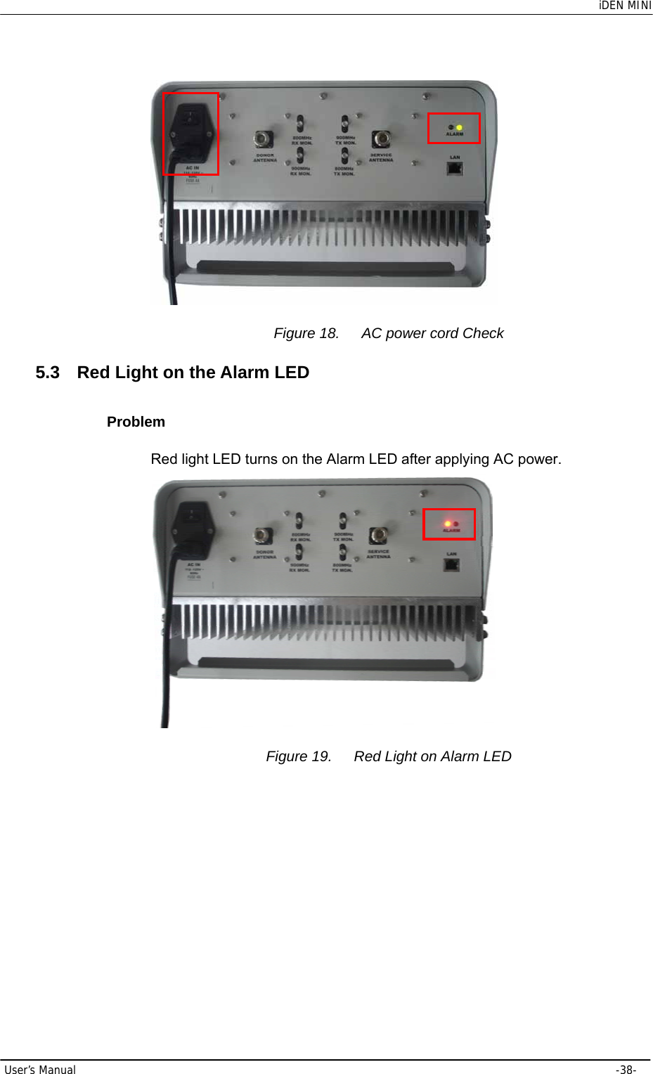    iDEN MINI  User’s Manual     -38-   Figure 18.  AC power cord Check 5.3  Red Light on the Alarm LED Problem Red light LED turns on the Alarm LED after applying AC power.  Figure 19.  Red Light on Alarm LED 