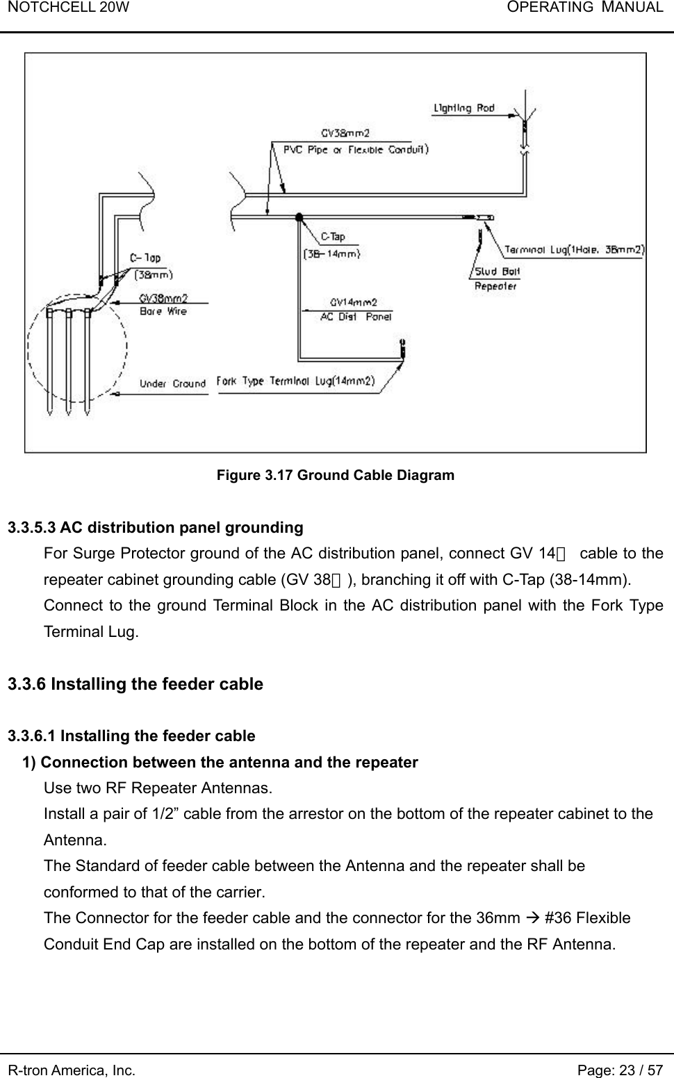 NOTCHCELL 20W           OPERATING  MANUAL R-tron America, Inc.                                                             Page: 23 / 57  Figure 3.17 Ground Cable Diagram  3.3.5.3 AC distribution panel grounding For Surge Protector ground of the AC distribution panel, connect GV 14㎟  cable to the repeater cabinet grounding cable (GV 38㎟), branching it off with C-Tap (38-14mm). Connect to the ground Terminal Block in the AC distribution panel with the Fork Type Terminal Lug.  3.3.6 Installing the feeder cable  3.3.6.1 Installing the feeder cable   1) Connection between the antenna and the repeater Use two RF Repeater Antennas.   Install a pair of 1/2” cable from the arrestor on the bottom of the repeater cabinet to the Antenna.  The Standard of feeder cable between the Antenna and the repeater shall be conformed to that of the carrier. The Connector for the feeder cable and the connector for the 36mm Æ #36 Flexible Conduit End Cap are installed on the bottom of the repeater and the RF Antenna.  