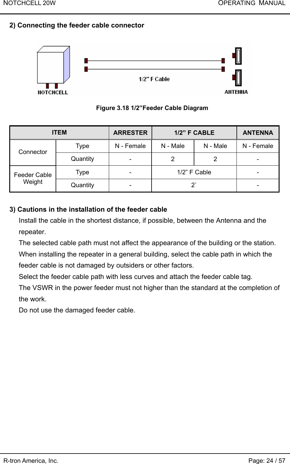 NOTCHCELL 20W           OPERATING  MANUAL R-tron America, Inc.                                                             Page: 24 / 57 2) Connecting the feeder cable connector     Figure 3.18 1/2”Feeder Cable Diagram    ITEM  ARRESTER 1/2” F CABLE  ANTENNAType  N - Female N - Male  N - Male  N - FemaleConnector Quantity  - 2 2 - Type  -  1/2” F Cable  - Feeder Cable Weight  Quantity -  2`  -  3) Cautions in the installation of the feeder cable Install the cable in the shortest distance, if possible, between the Antenna and the repeater.  The selected cable path must not affect the appearance of the building or the station.   When installing the repeater in a general building, select the cable path in which the feeder cable is not damaged by outsiders or other factors.         Select the feeder cable path with less curves and attach the feeder cable tag.   The VSWR in the power feeder must not higher than the standard at the completion of the work.   Do not use the damaged feeder cable.    