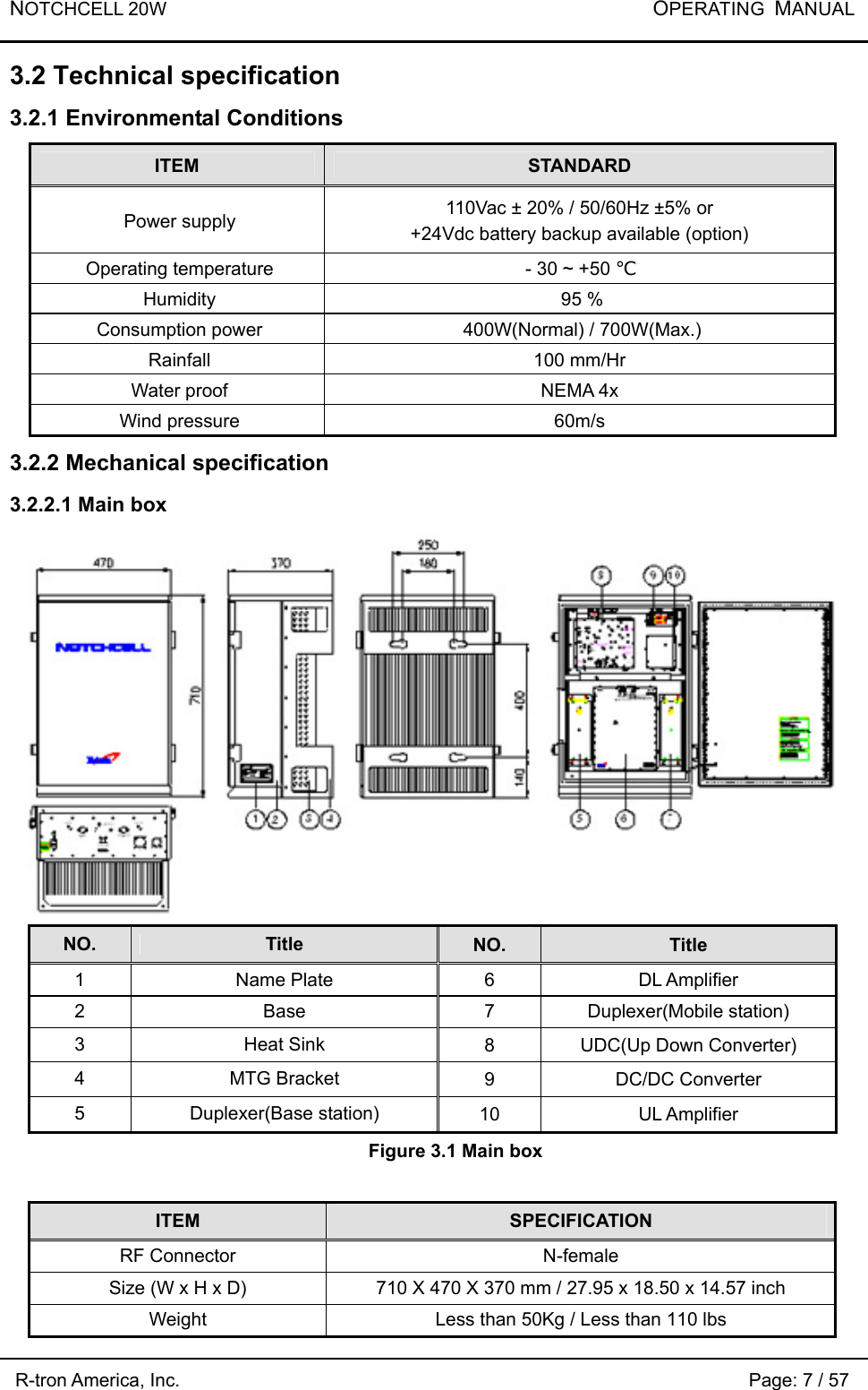 NOTCHCELL 20W           OPERATING  MANUAL R-tron America, Inc.                                                             Page: 7 / 57 3.2 Technical specification 3.2.1 Environmental Conditions ITEM  STANDARD Power supply  110Vac ± 20% / 50/60Hz ±5% or +24Vdc battery backup available (option) Operating temperature  - 30 ~ +50 ℃ Humidity 95 % Consumption power  400W(Normal) / 700W(Max.) Rainfall 100 mm/Hr Water proof  NEMA 4x Wind pressure  60m/s 3.2.2 Mechanical specification 3.2.2.1 Main box  NO.  Title  NO.  Title 1 Name Plate 6 DL Amplifier 2 Base 7 Duplexer(Mobile station) 3 Heat Sink 8 UDC(Up Down Converter) 4 MTG Bracket 9 DC/DC Converter 5 Duplexer(Base station) 10 UL Amplifier Figure 3.1 Main box  ITEM  SPECIFICATION RF Connector  N-female Size (W x H x D)  710 X 470 X 370 mm / 27.95 x 18.50 x 14.57 inch Weight  Less than 50Kg / Less than 110 lbs 