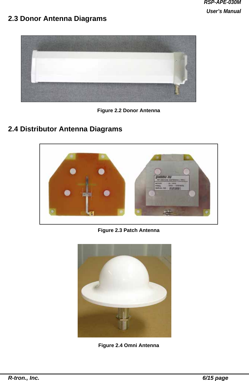 RSP-APE-030M User’s Manual R-tron., Inc.                                                          6/15 page 2.3 Donor Antenna Diagrams   Figure 2.2 Donor Antenna  2.4 Distributor Antenna Diagrams   Figure 2.3 Patch Antenna    Figure 2.4 Omni Antenna   