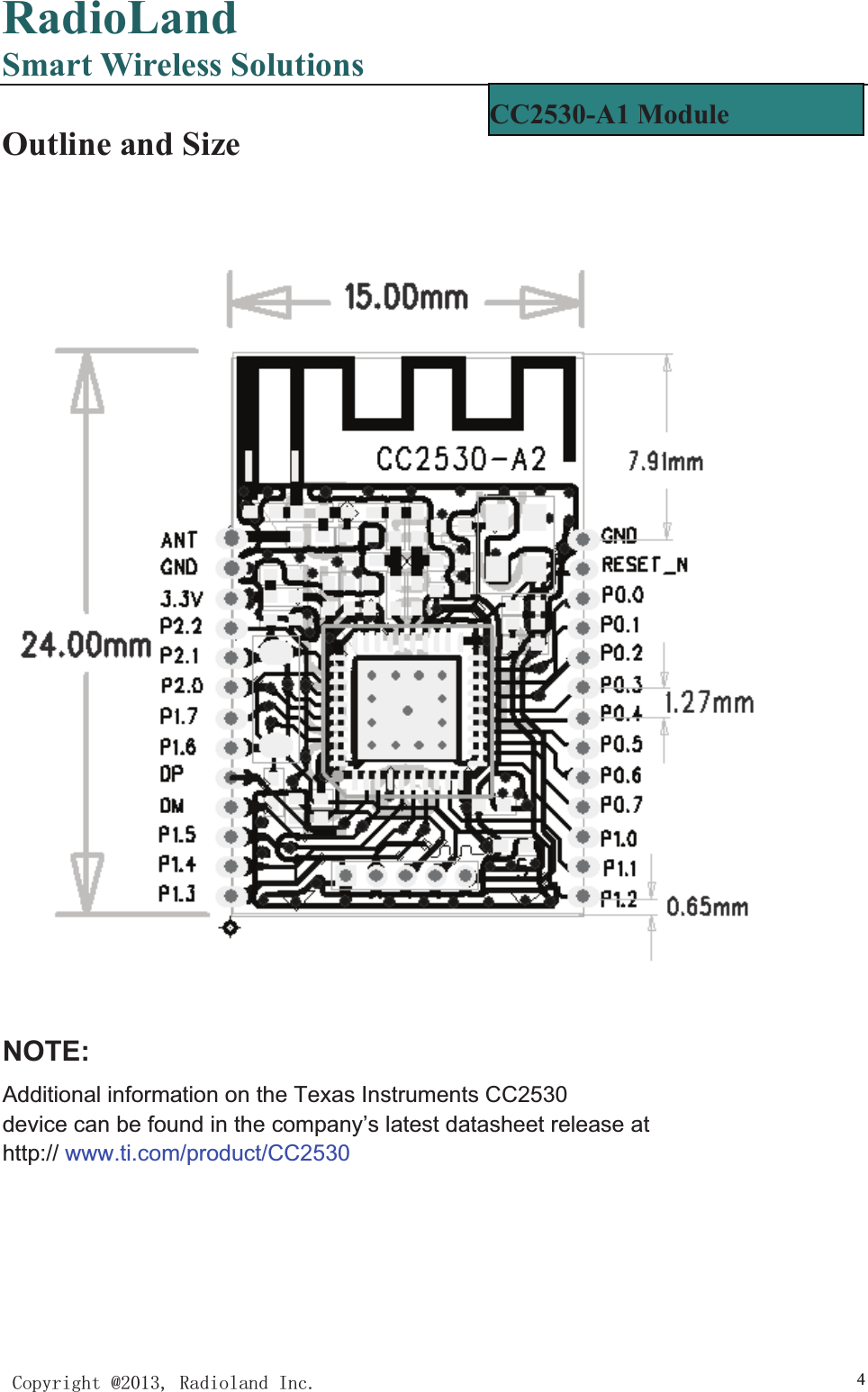 RadioLandSmart Wireless Solutions&amp;RS\ULJKW#5DGLRODQG,QF 4Outline and Size    NOTE:Additional information on the Texas Instruments CC2530 device can be found in the company’s latest datasheet release at http:// www.ti.com/product/CC2530 CC2530-A1 Module   