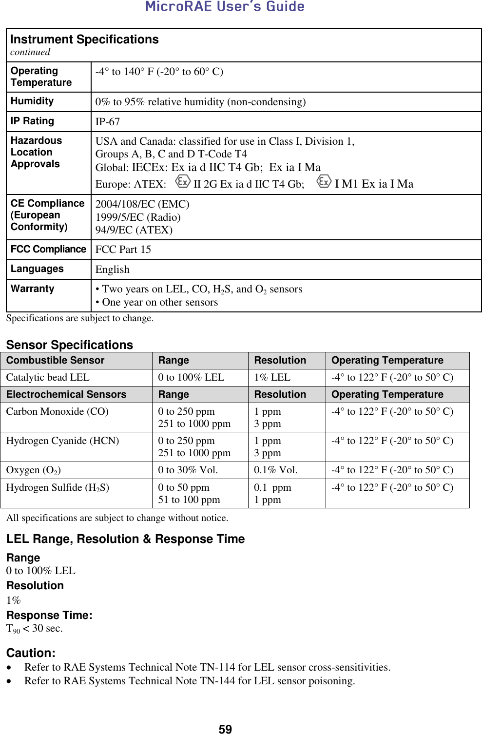  59  Instrument Specifications continued Operating Temperature -4° to 140° F (-20° to 60° C)  Humidity 0% to 95% relative humidity (non-condensing) IP Rating IP-67 Hazardous Location  Approvals USA and Canada: classified for use in Class I, Division 1, Groups A, B, C and D T-Code T4 Global: IECEx: Ex ia d IIC T4 Gb;  Ex ia I Ma Europe: ATEX:     II 2G Ex ia d IIC T4 Gb;      I M1 Ex ia I Ma CE Compliance  (European Conformity) 2004/108/EC (EMC) 1999/5/EC (Radio) 94/9/EC (ATEX) FCC Compliance FCC Part 15 Languages English Warranty • Two years on LEL, CO, H2S, and O2 sensors • One year on other sensors Specifications are subject to change.   Sensor Specifications Combustible Sensor Range Resolution Operating Temperature Catalytic bead LEL 0 to 100% LEL 1% LEL -4° to 122° F (-20° to 50° C) Electrochemical Sensors Range Resolution Operating Temperature Carbon Monoxide (CO) 0 to 250 ppm 251 to 1000 ppm 1 ppm 3 ppm -4° to 122° F (-20° to 50° C) Hydrogen Cyanide (HCN) 0 to 250 ppm 251 to 1000 ppm 1 ppm 3 ppm -4° to 122° F (-20° to 50° C) Oxygen (O2) 0 to 30% Vol. 0.1% Vol. -4° to 122° F (-20° to 50° C) Hydrogen Sulfide (H2S) 0 to 50 ppm 51 to 100 ppm  0.1 ppm 1 ppm -4° to 122° F (-20° to 50° C)  All specifications are subject to change without notice.  LEL Range, Resolution &amp; Response Time  Range 0 to 100% LEL Resolution 1% Response Time: T90 &lt; 30 sec.  Caution:  Refer to RAE Systems Technical Note TN-114 for LEL sensor cross-sensitivities.  Refer to RAE Systems Technical Note TN-144 for LEL sensor poisoning. 